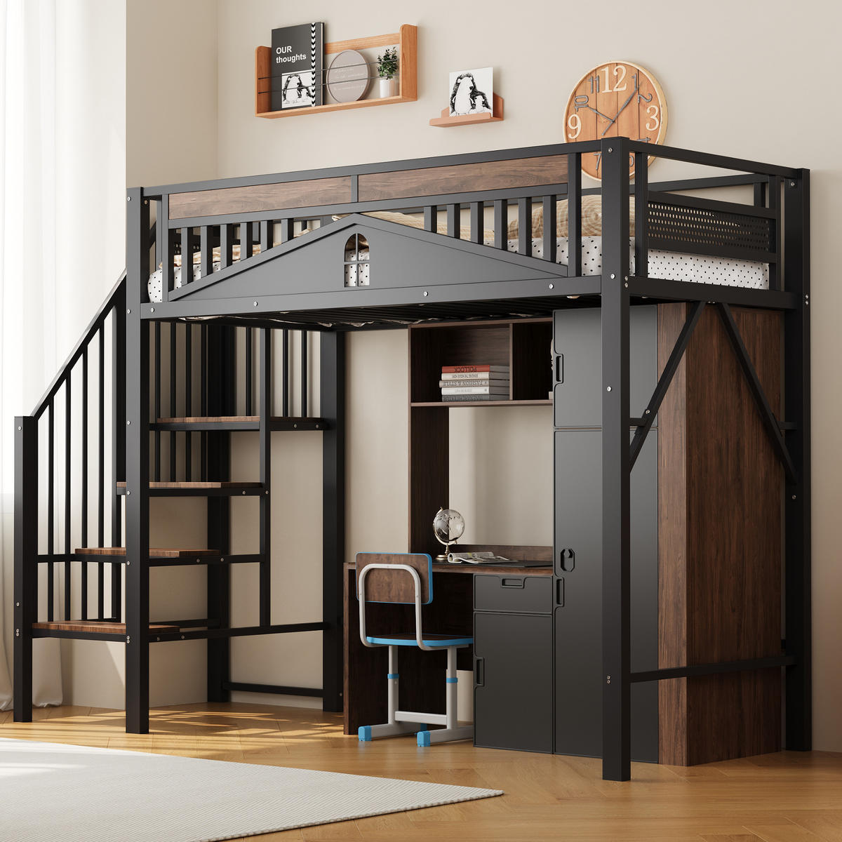HOCHBETT 90/200 cm in Schwarz mit Stauraum und Fensterdesign - Schwarz, Holz/Metall (90/200cm) - STILVORA