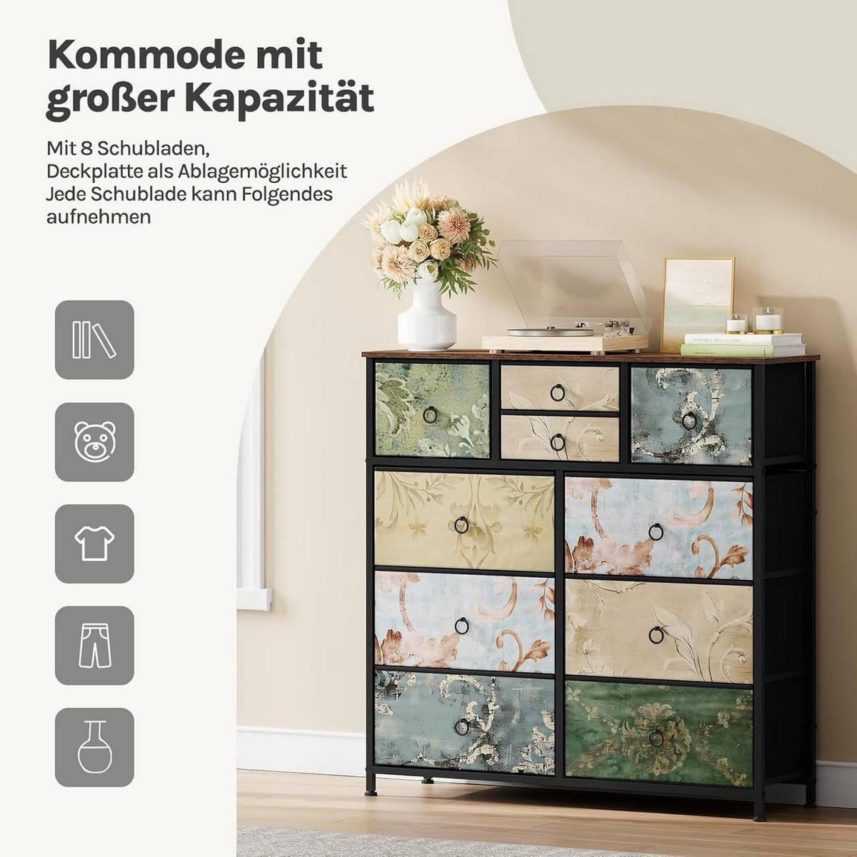 KOMMODE mit 10 Schubladen, aus Stoff, Vintage-Blumenmotiv - Multicolor/Schwarz, Holzwerkstoff/Textil (100/100/30cm) - Woltu