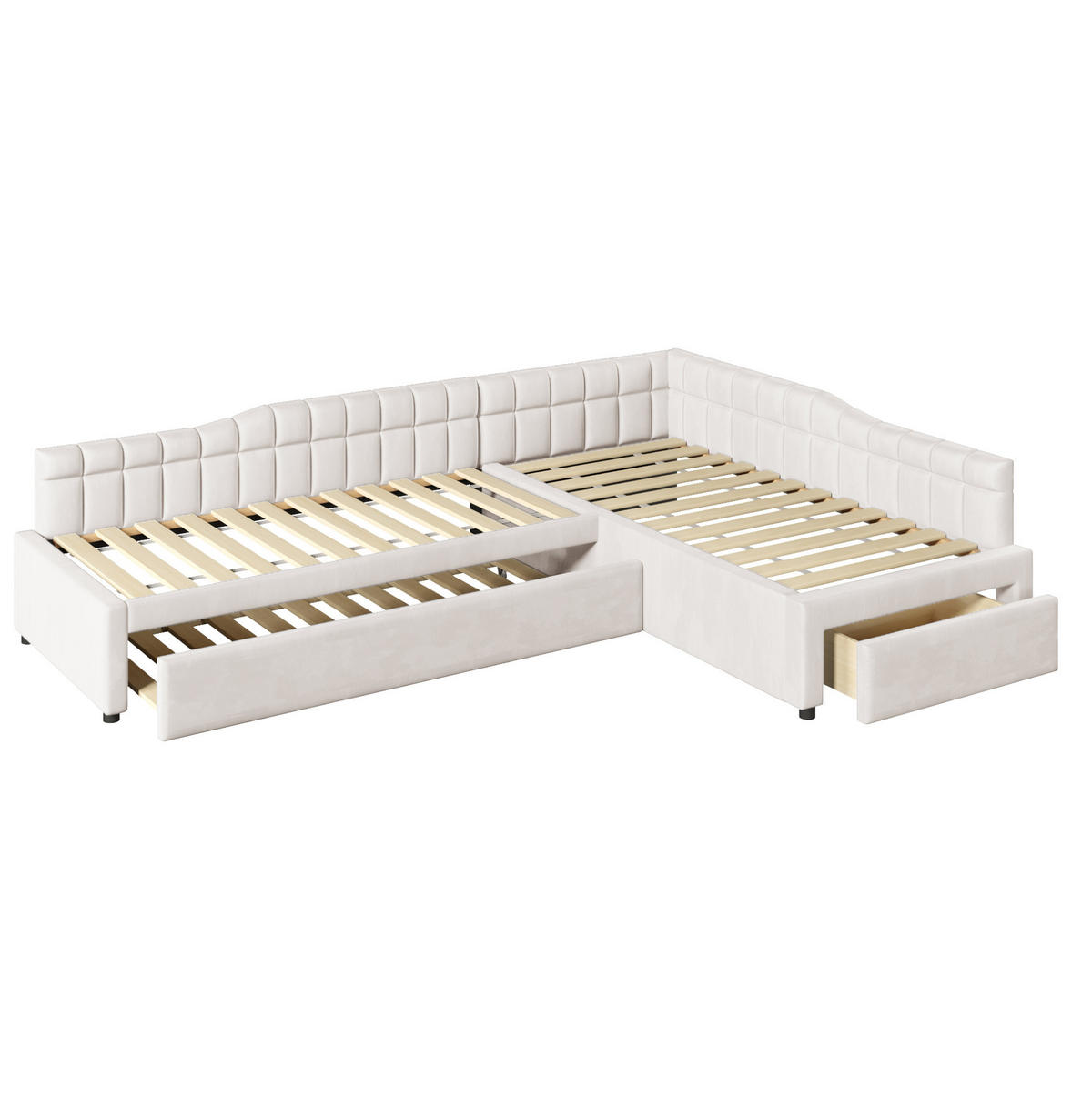 L-FÖRMIGES Polsterbett 90x200 cm in Beige mit Ausziehbett und Schubladen - Beige, Textil (90/200cm) - IVMEU