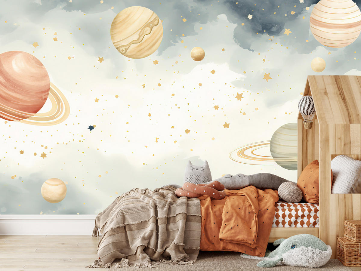 FOTOTAPETE für Kinderzimmer Pastell Planeten Saturn Uran Sterne 150x105 - Blau/Ecru, Papier (150/105cm) - Muralo