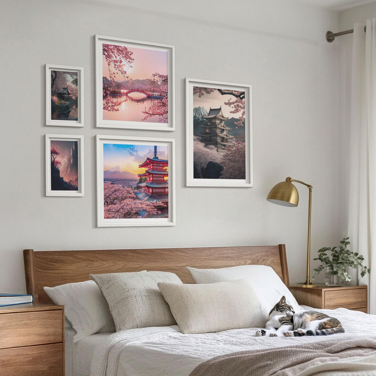 BILDER SET 5er Set - 50x50 cm & 20x30 cm & 40x60 cm Weißer Rahmen - Fantasielandschaften Japans - Weiß, Kunststoff (40/60cm) - TULUP