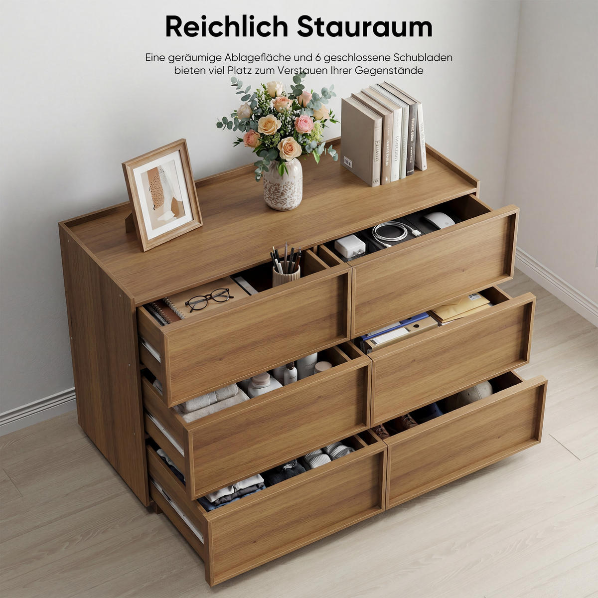 SIDEBOARD Holz Kommode mit 6 Schubladen, Eiche 115x48x78 cm - Eichefarben, Holzwerkstoff (115/78/48cm) - Urban Meuble