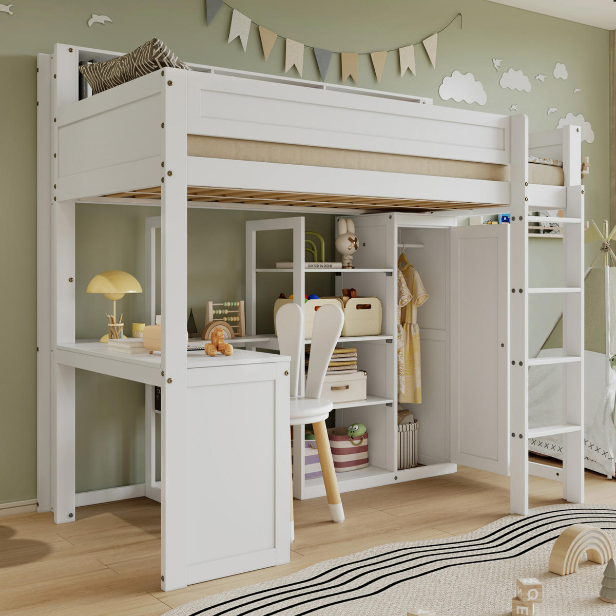 ETAGENBETT 90x200 cm in Weiß mit Schreibtisch, Kleiderschrank und Regalen - Weiß, Holz (90/200cm) - IVMEU