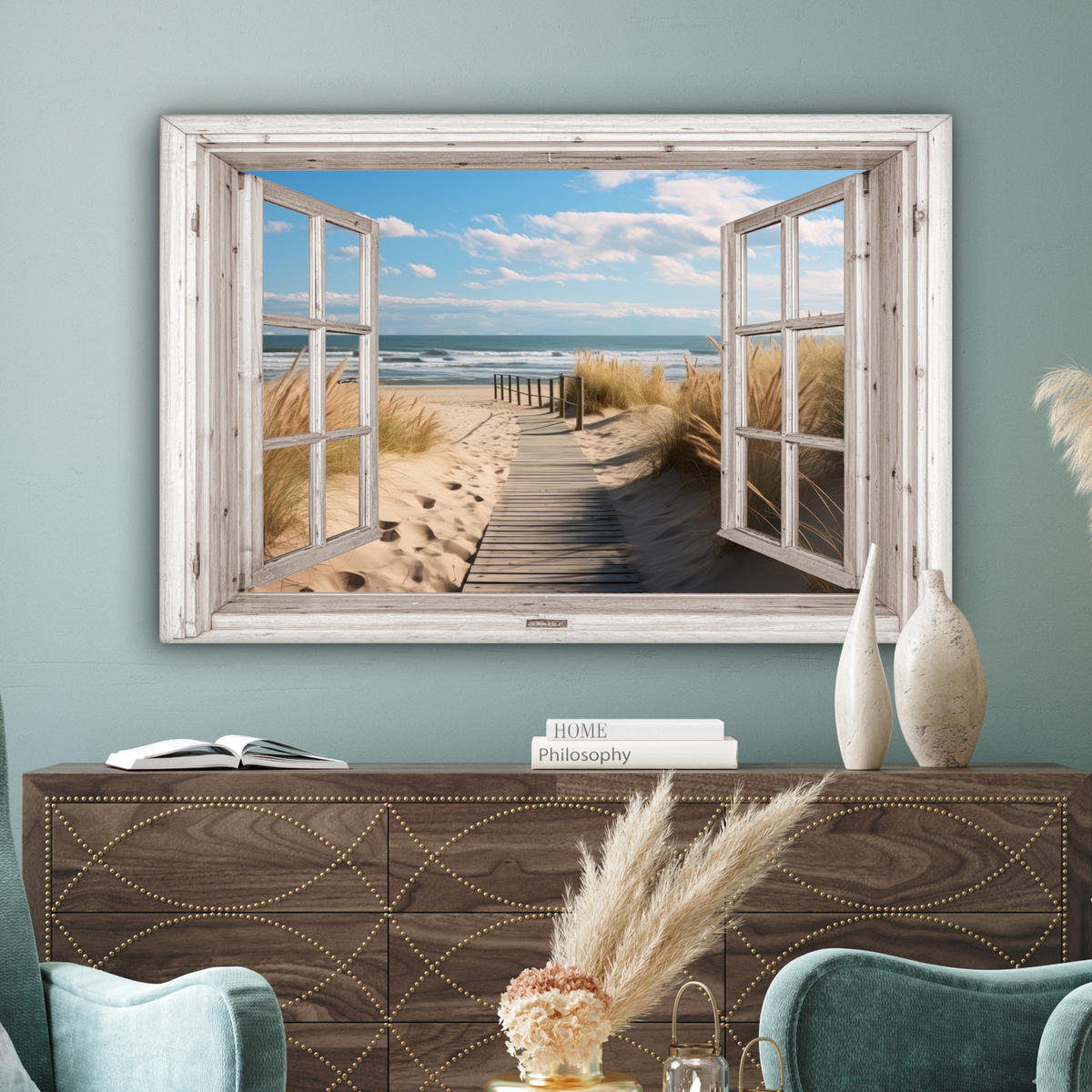 LEINWANDBILD Fenster - Meer - Küste - Natur - Ausblick - Strand - Wattenmeer Wohnzimmer 120x80 cm - Beige, Textil (120/80cm) - MuchoWow