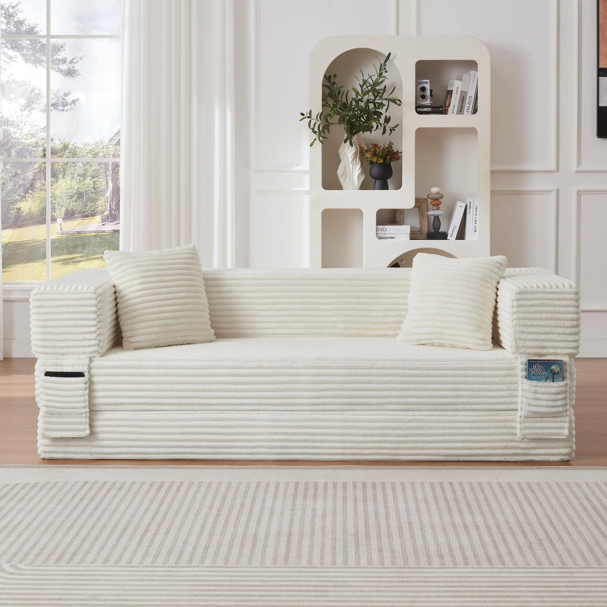 SCHLAFSOFA aus Cord in Weiß 2-lagiges Design & zum Doppelbett ausklappbar - Weiß, Textil (76/60/200cm) - Urban Meuble