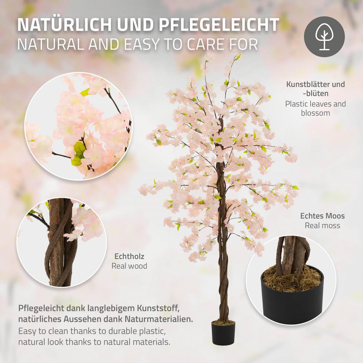 UMĚLÝ TŘEŠŇOVÝ KVĚT 210 cm Růžový s kmenem z přírodního dřeva - růžová/černá, textil/plast (210cm) - ML-DESIGN