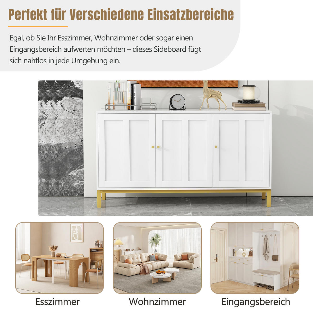 SIDEBOARD 120 cm in Weiß Kommode mit 3 Designtüren & verstellbaren Fächern - Weiß, Holzwerkstoff (140/80/39.8cm) - Urban Meuble