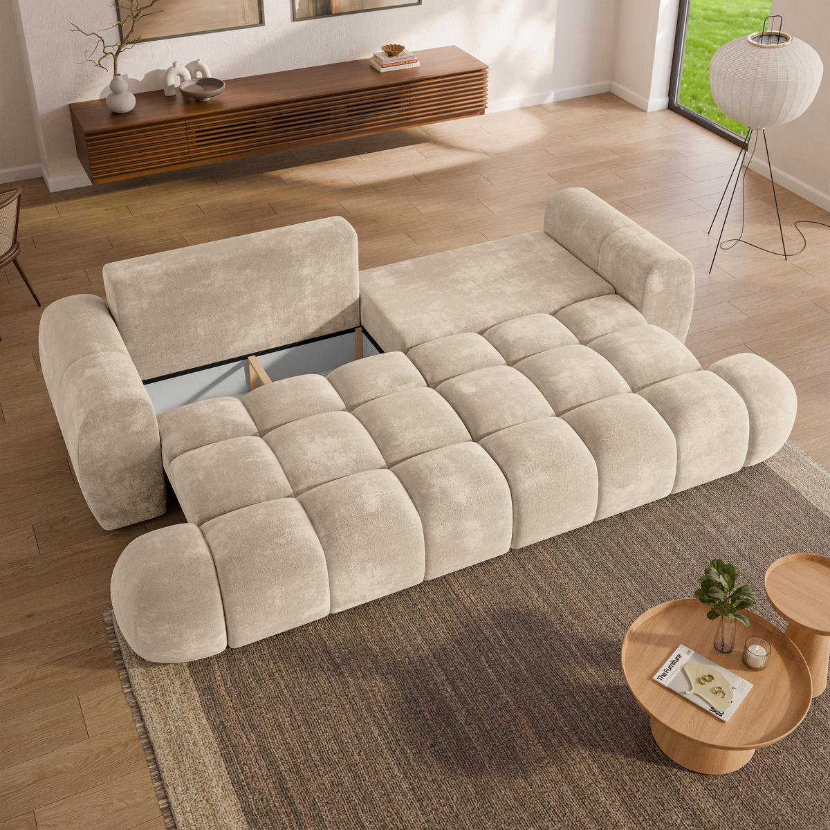 BETTSOFA DAFNE Creme Chenille-Stoff mit Schlaffunktion - Creme, Textil (300/88/113cm) - MASSENO