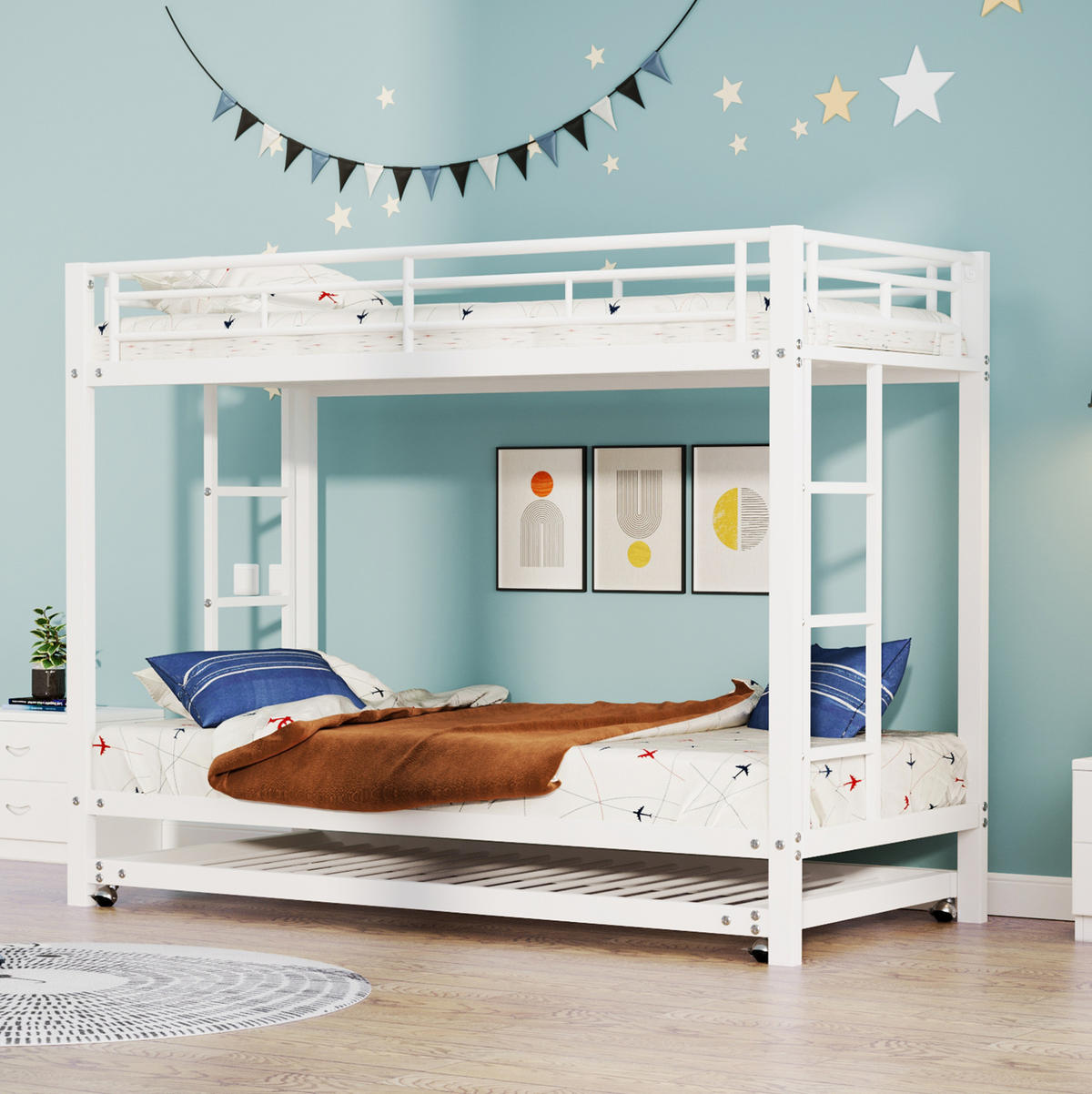 ETAGENBETT 90/200 cm in Weiß aus Metall mit Ausziehbett und hohem Sicherheitsgeländer - Weiß, Metall (90/200cm) - OKMYHOME