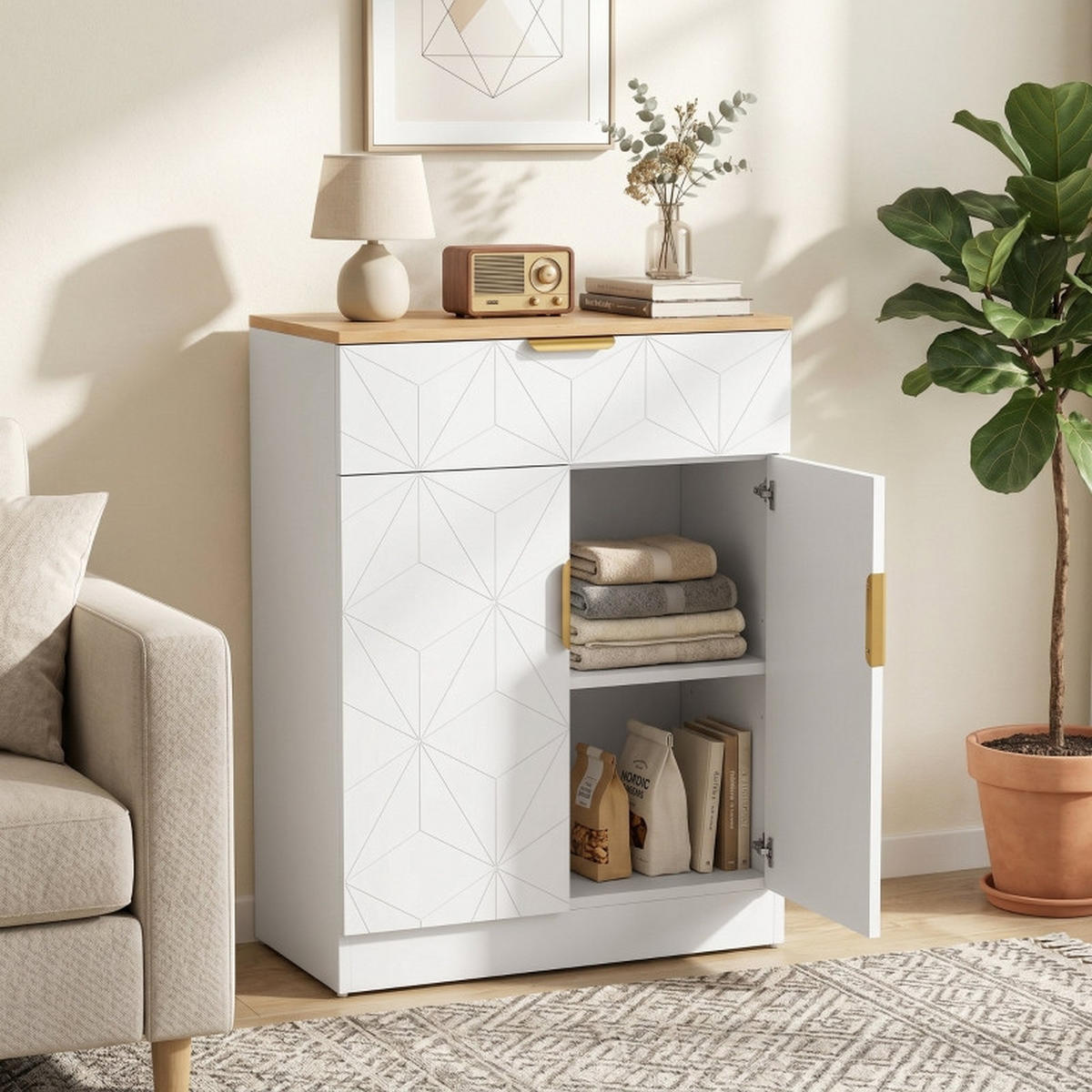 SIDEBOARD DE-38800 60/32/82 cm Schublade und verstellbares Regal Weiß/Natur - Weiß, Holzwerkstoff (60/82/32cm) - ComfortXL