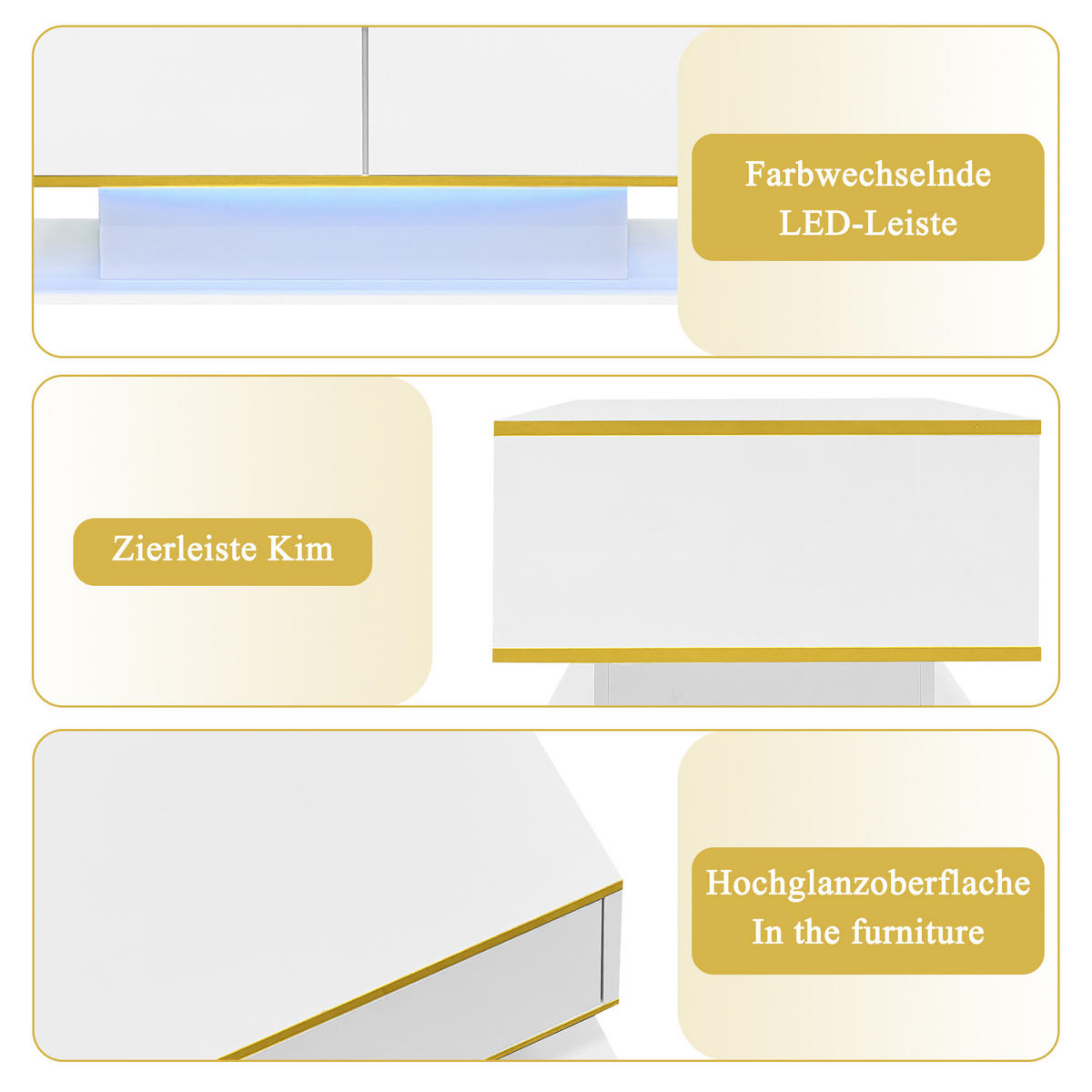 COUCHTISCH 100/50/40 cm Weiß Gold mit LED-Beleuchtung und 3 Schubladen Hochglanz - Weiß, Holzwerkstoff (100/50/40cm) - OKWISH
