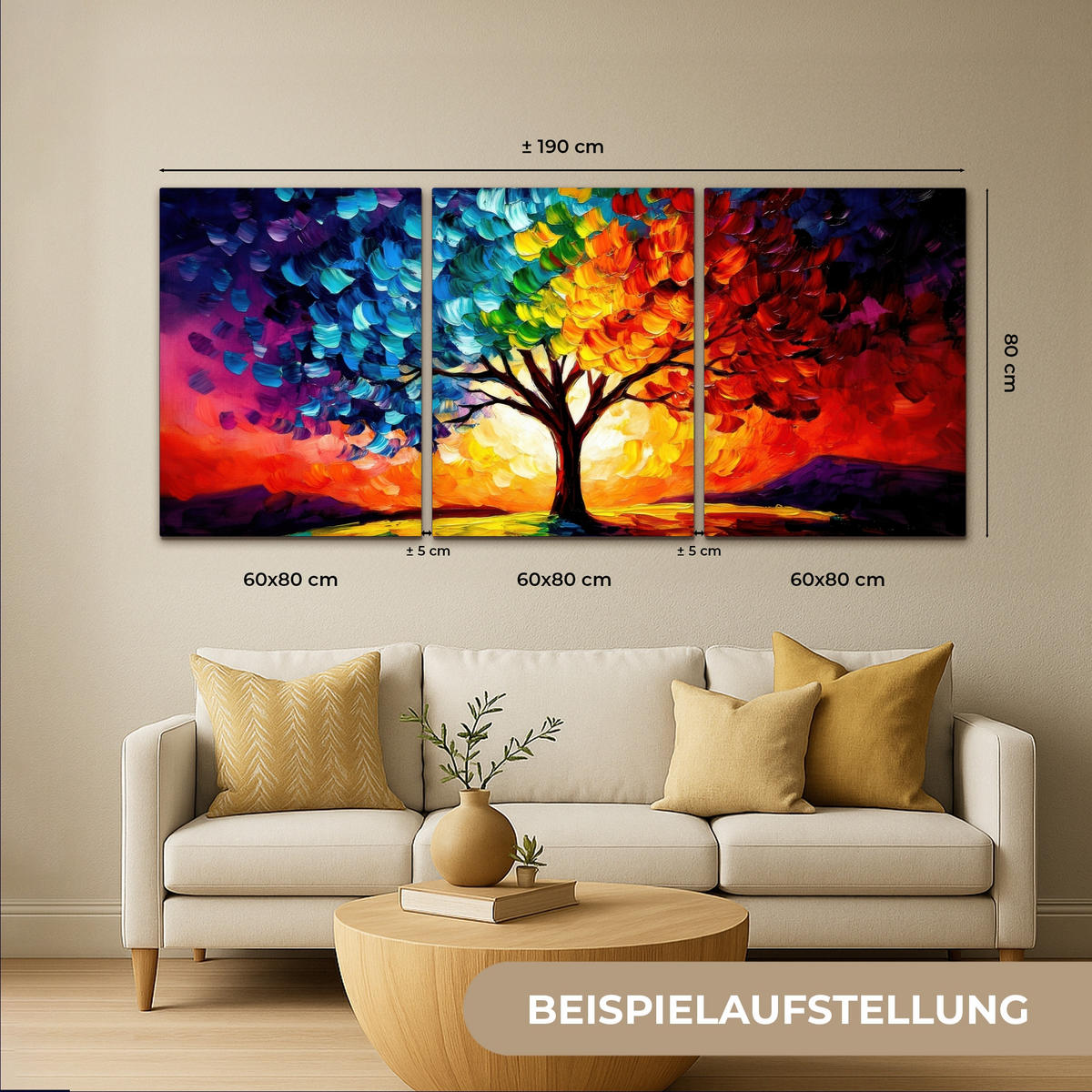 LEINWANDBILD 3er Set Baum - Farbenfroh - Malerei-Look - Abstrakt 180x80 cm - Multicolor, Textil (180/80cm) - MuchoWow