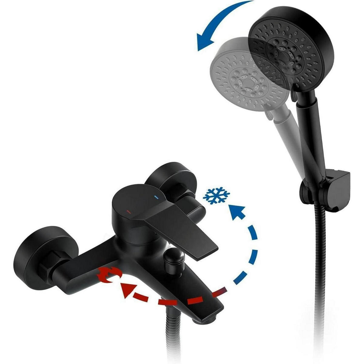 DUSCH- und Badewannenarmatur Schwarz 2 Funktionen Wassersparend 5 Duschmodi - Schwarz, Metall (19.5/12.6/21.6cm)