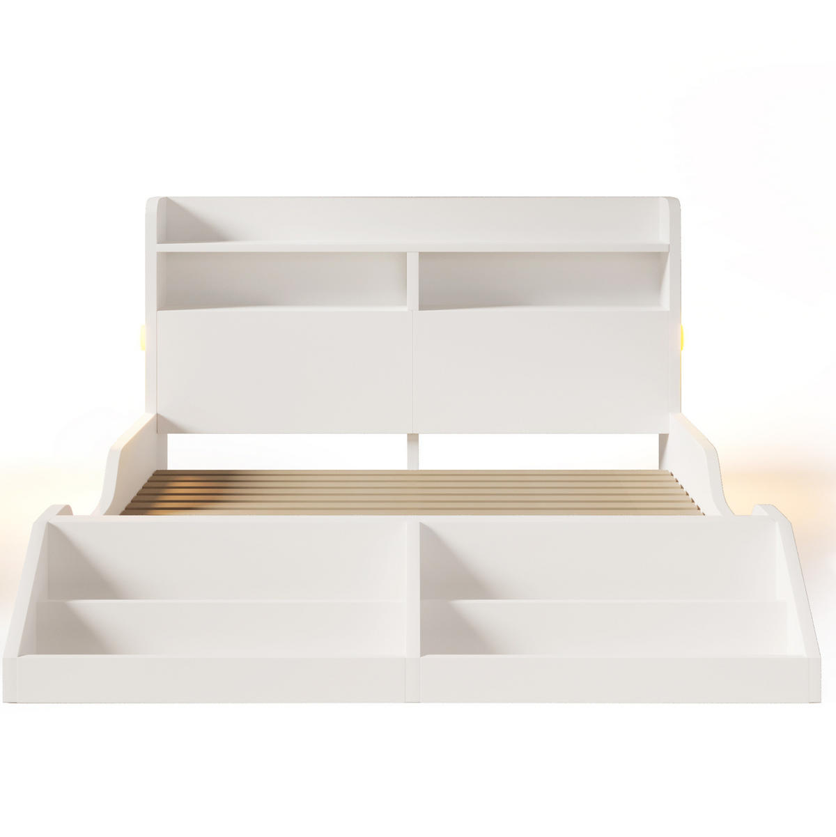 DOPPELBETT aus Holz 140x200 cm Weiß mit Lattenrost, Bücherregal und Nachtlichtern - Weiß, Holz (140/200cm) - IVMEU