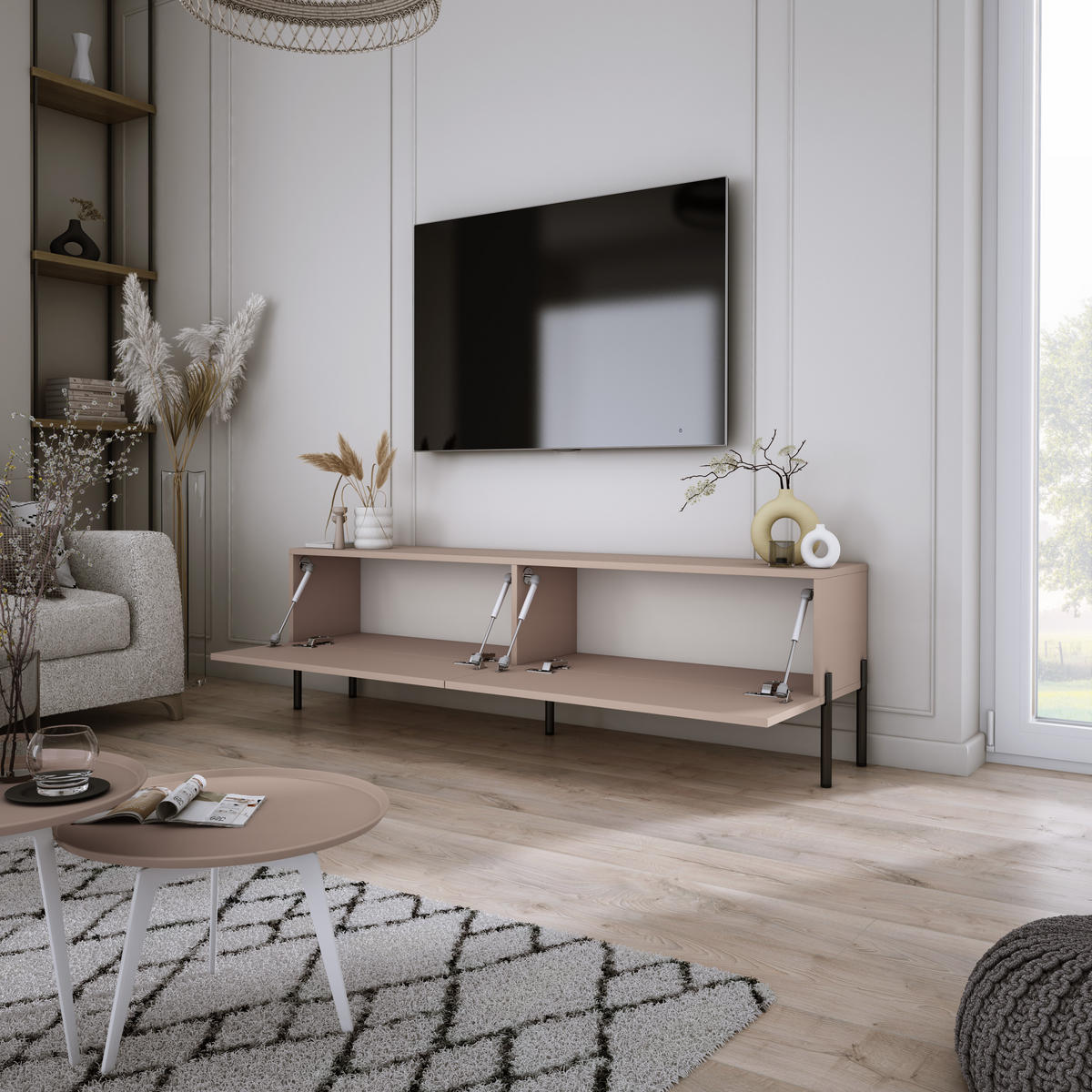TV-SCHRANK : Karamellbraun, 140 x 52 x 32 cm, schwarze Beine - Schwarz/Braun, Holzwerkstoff/Metall (140/52/32cm) - 3XE LIVING