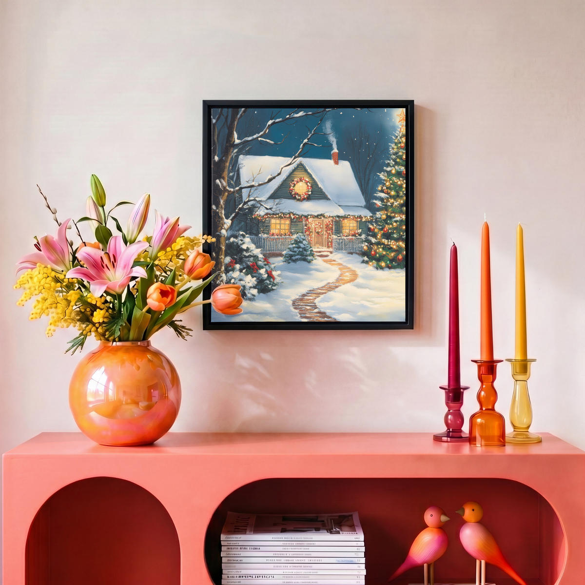 LEINWAND Bilder mit Rahmen - Weihnachten - Weihnachtsbaum - Winter - Zuhause - Schnee - 20x20 - Smaragdgrün, Textil (20/20cm) - MuchoWow