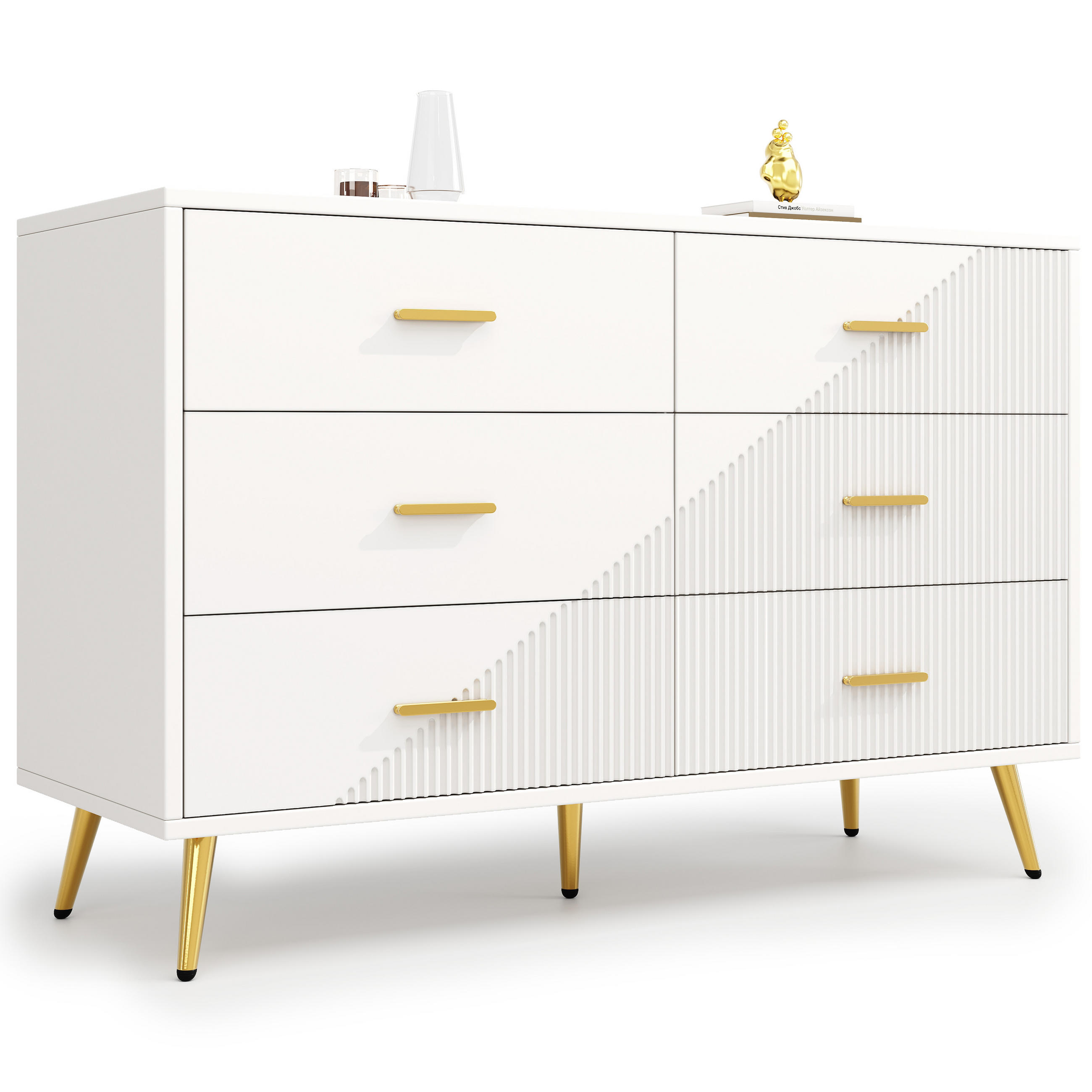 SIDEBOARD 120/40/75 cm, 6 Schubladen, weißes MDF mit Metallbeinen，weiß - Weiß, Holzwerkstoff (120/75/40cm) - Redom