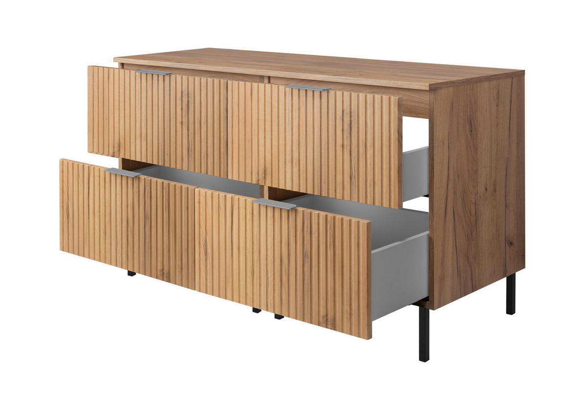 WASCHBECKUNTERSCHRANK, Eiche Craft, 120 (2 x 60) x 77 x 46 cm, silberner Griff, schwarze Beine + Arbeitsplatte - Goldfarben/Weiß, Holzwerkstoff (120/77/46cm) - 3XE LIVING