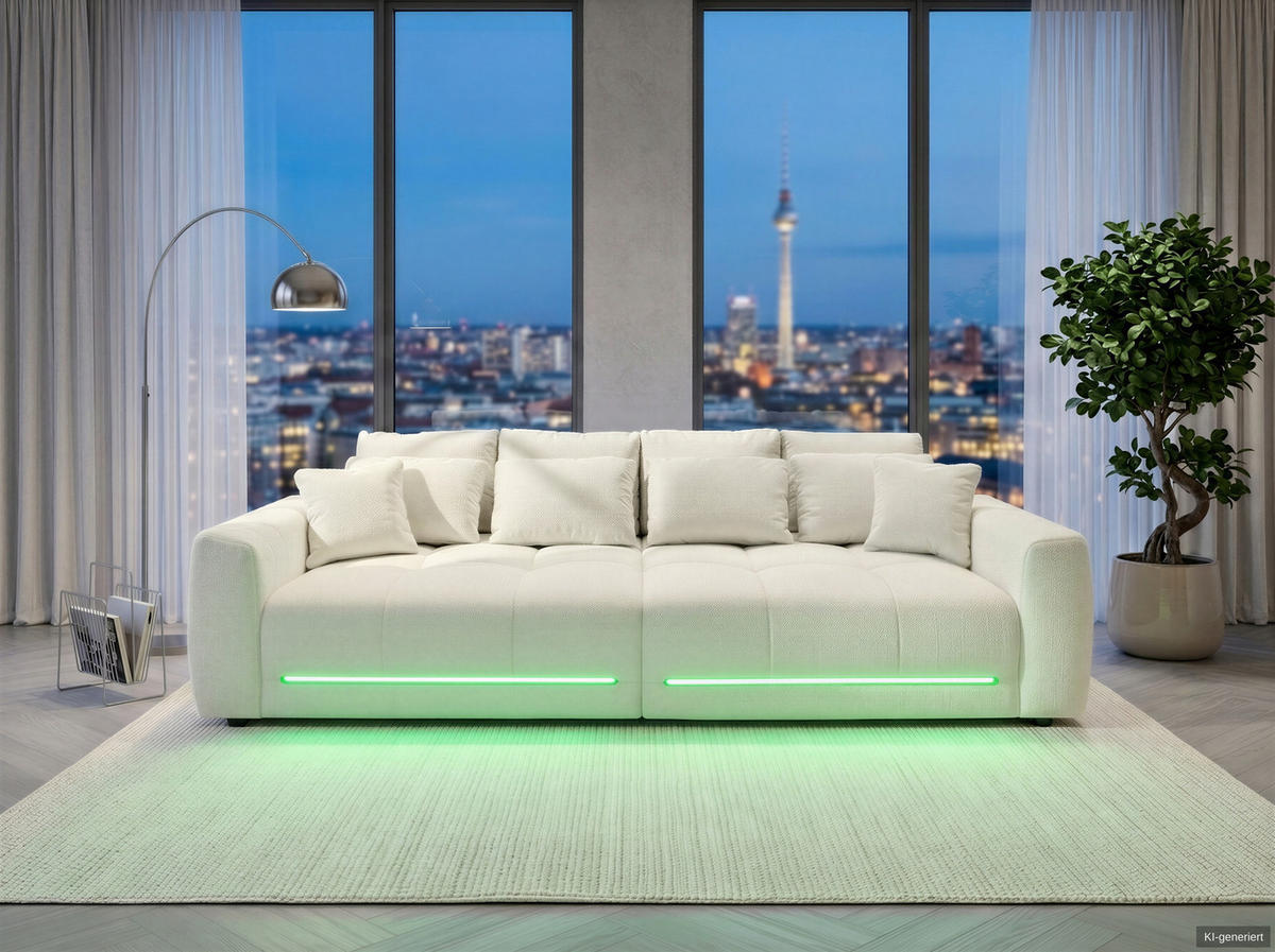 BIG-SOFA Federkern B294/T136/H86 cm, RGB-LED-Beleuchtung mit Fernbedienung, Chenille-Bezug in Beige / 15418 - Beige/Schwarz, Kunststoff/Textil (294/86/136cm) - luma-home