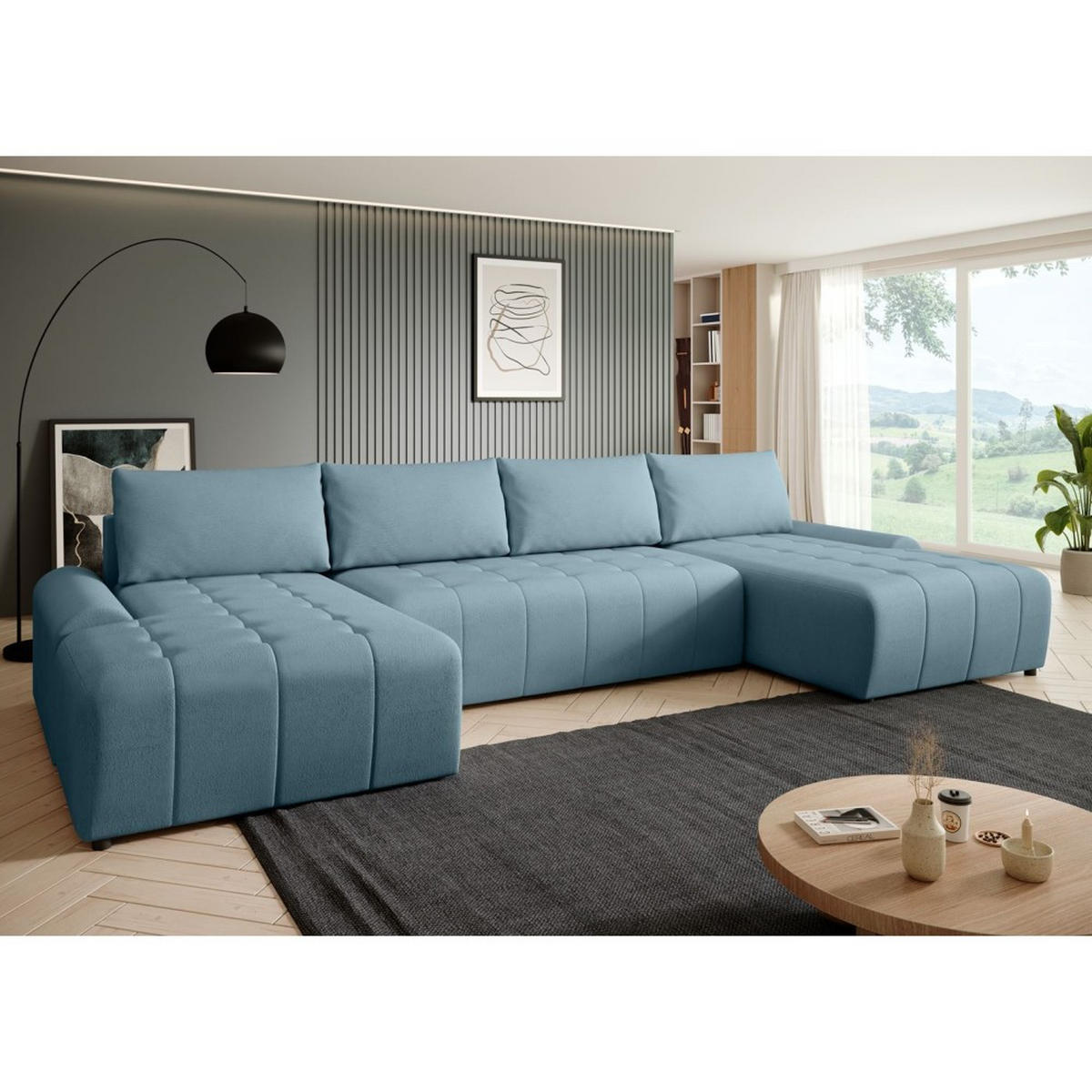 WOHNLANDSCHAFT Costa U Hellblau, Velours - Schwarz/Hellblau, Kunststoff/Textil (367/80/169cm) - Beautysofa