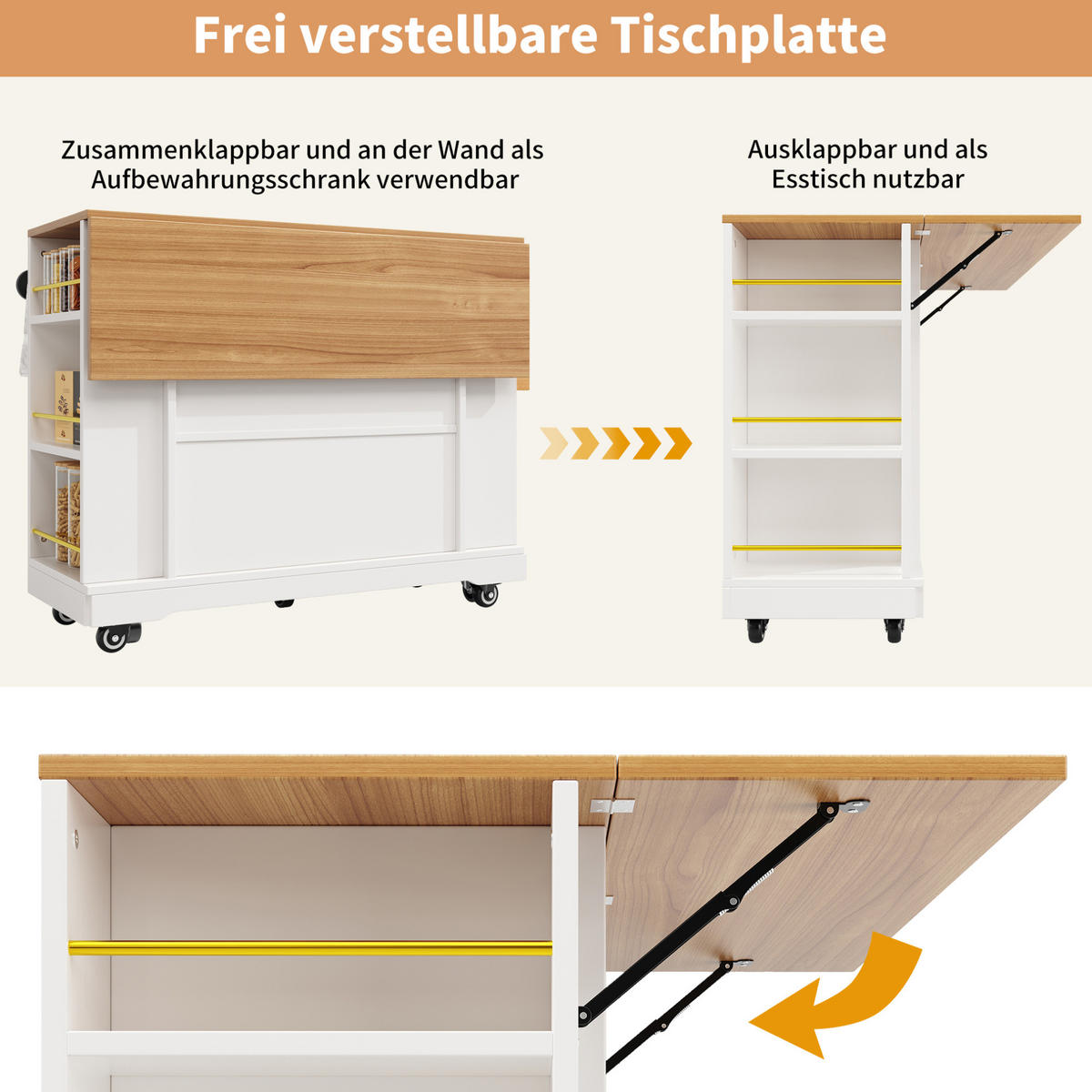 KÜCHENINSEL faltbar 120x65x90cm Weiß mit 3D Türen & 2 Schubladen - Weiß, Holzwerkstoff (120/90/65cm) - Modfu