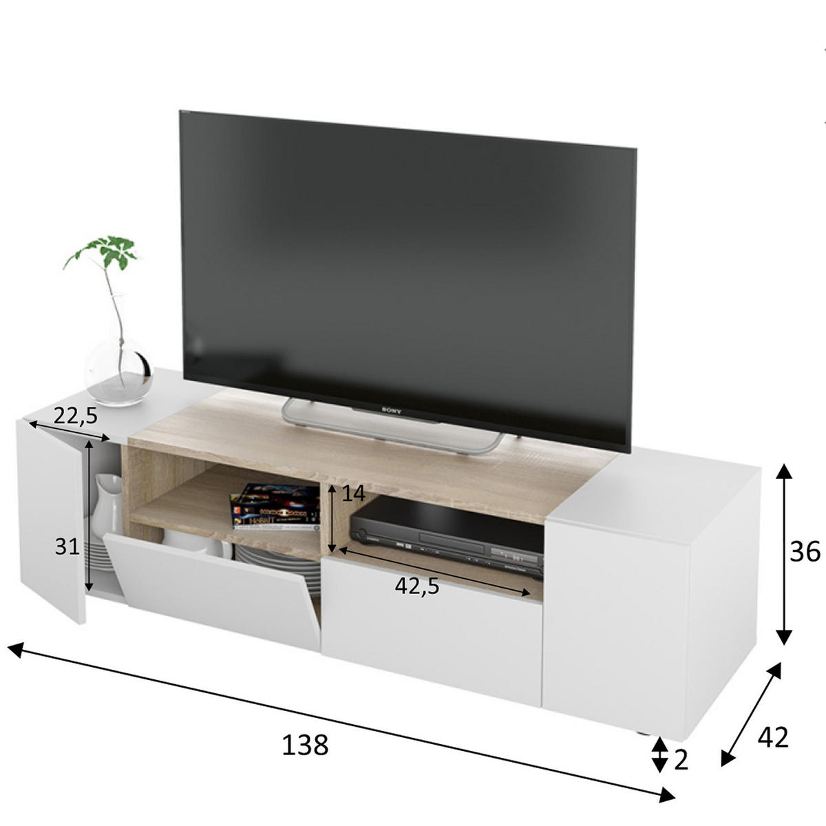 TV-ELEMENT Tania 4 Türen Weiß/Eiche - Weiß, Holzwerkstoff (138/36/42cm) - VS Venta-stock