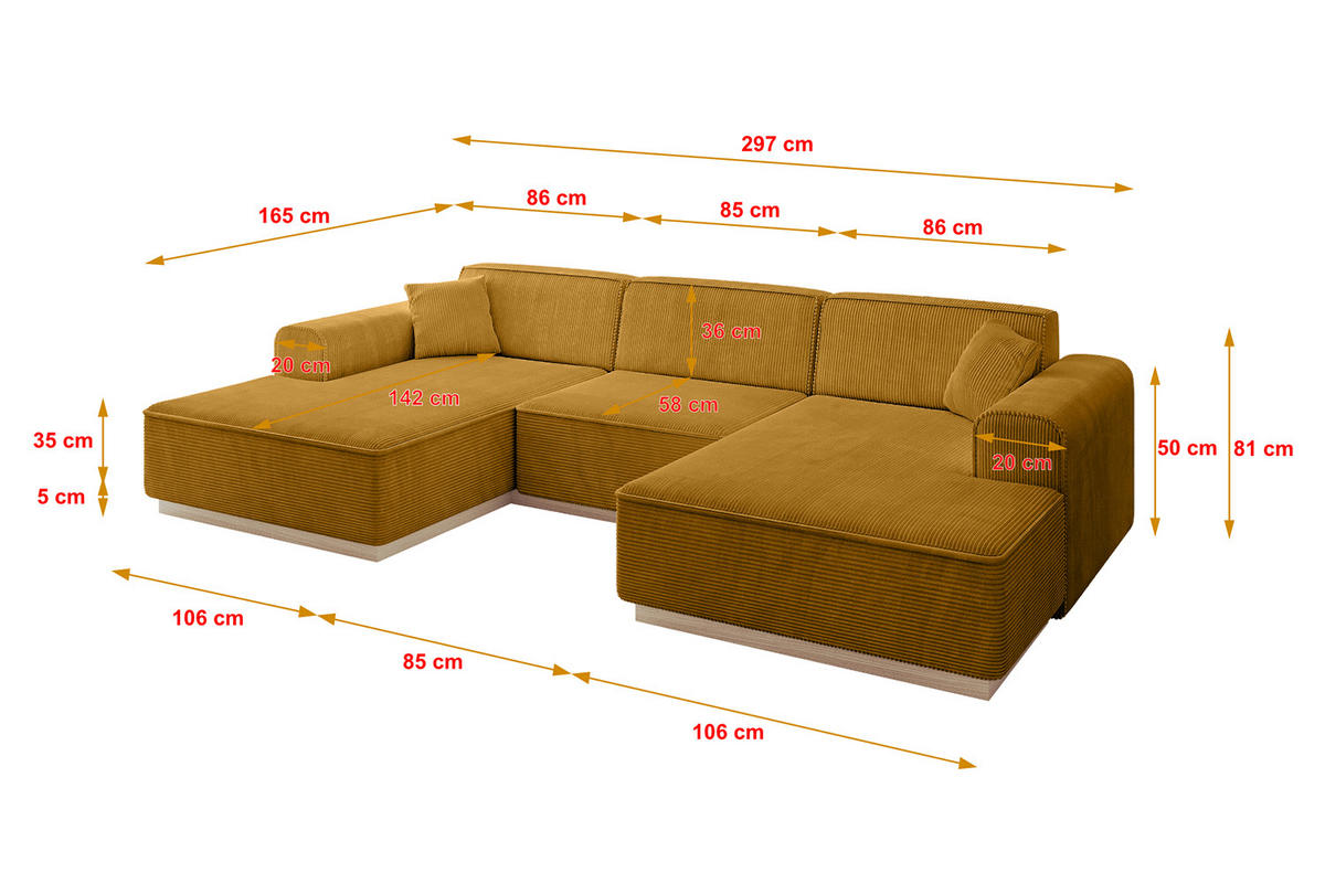 WOHNLANDSCHAFT IREA-U1 - 297x165x81 cm Senfgelb - Currygelb, Holzwerkstoff/Textil (297/81/165cm) - ALTDECOR