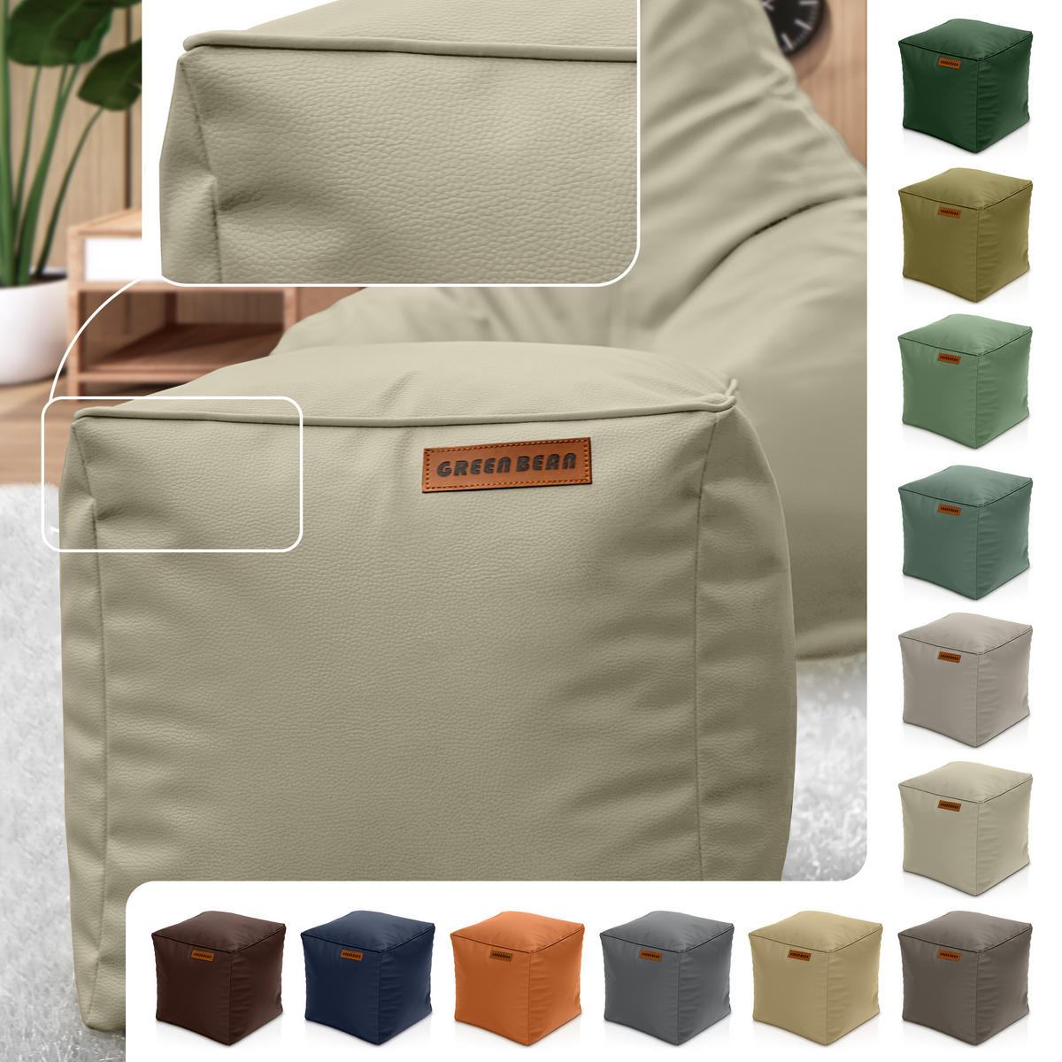 INDOOR HOCKER Cube eckig Kunstleder - Grau, Textil (40/40/40cm) - Green Bean