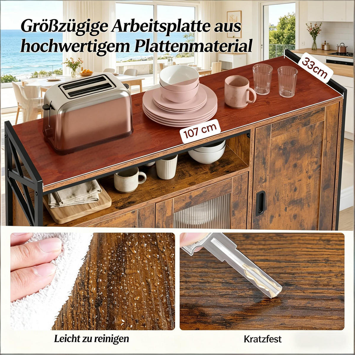 SIDEBOARD DE-38809 110/33/75 cm, offenes Fach und 2 Türen Rustikal Braun - Dunkelbraun, Holzwerkstoff (110/75/33cm) - ComfortXL
