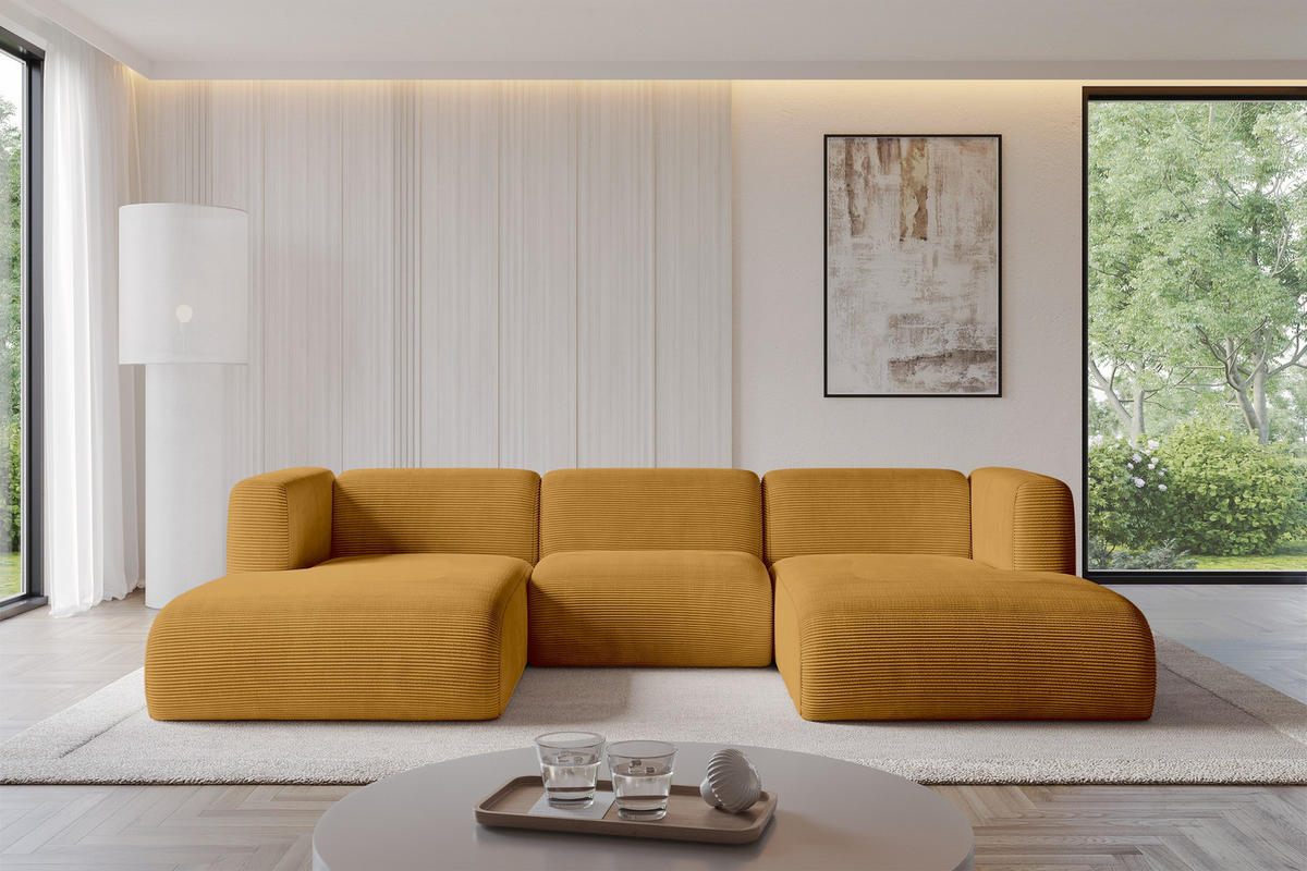 WOHNLANDSCHAFT MIRA-U1 317x179x70 Senfgelb Cord - Currygelb/Schwarz, Holzwerkstoff/Kunststoff (317/70/179cm) - ALTDECOR