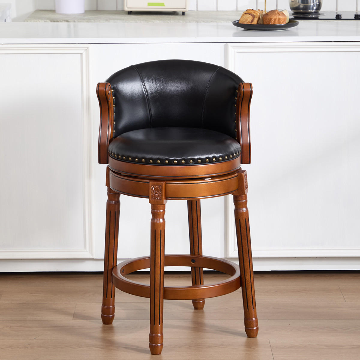 BARHOCKER 1er-Set Schwarz mit Echtleder und Rückenlehne - Schwarz, Holz (54.8/96/54.8cm) - PANGIVO