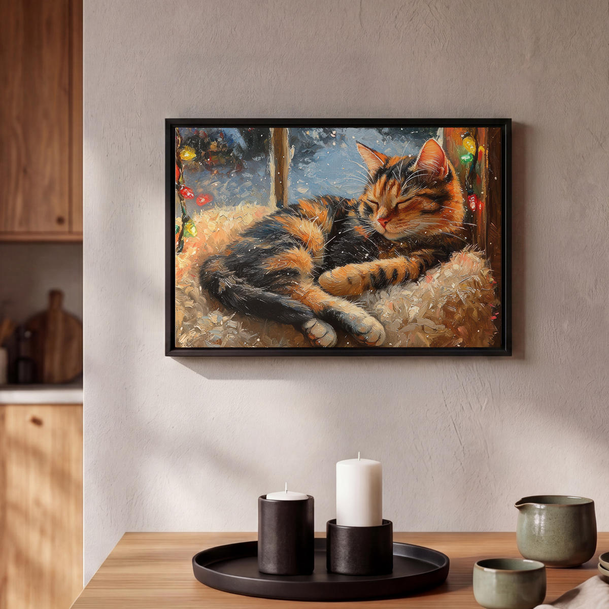 LEINWAND Bilder mit Rahmen - Katze - Weihnachten - Winter - Tier - 30x20 - Bernsteinfarben, Textil (30/20cm) - MuchoWow