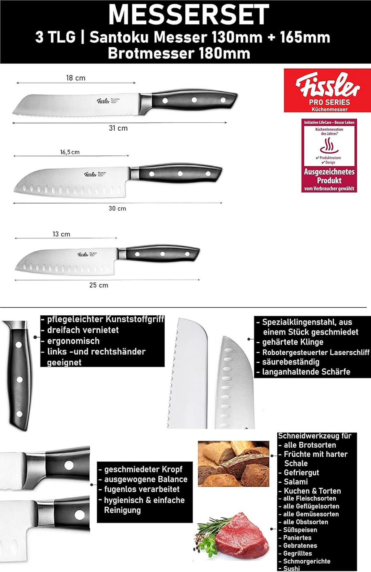 MESSERSET Profi Silber 3-Teilig - Silberfarben/Schwarz, Kunststoff/Metall - Fissler