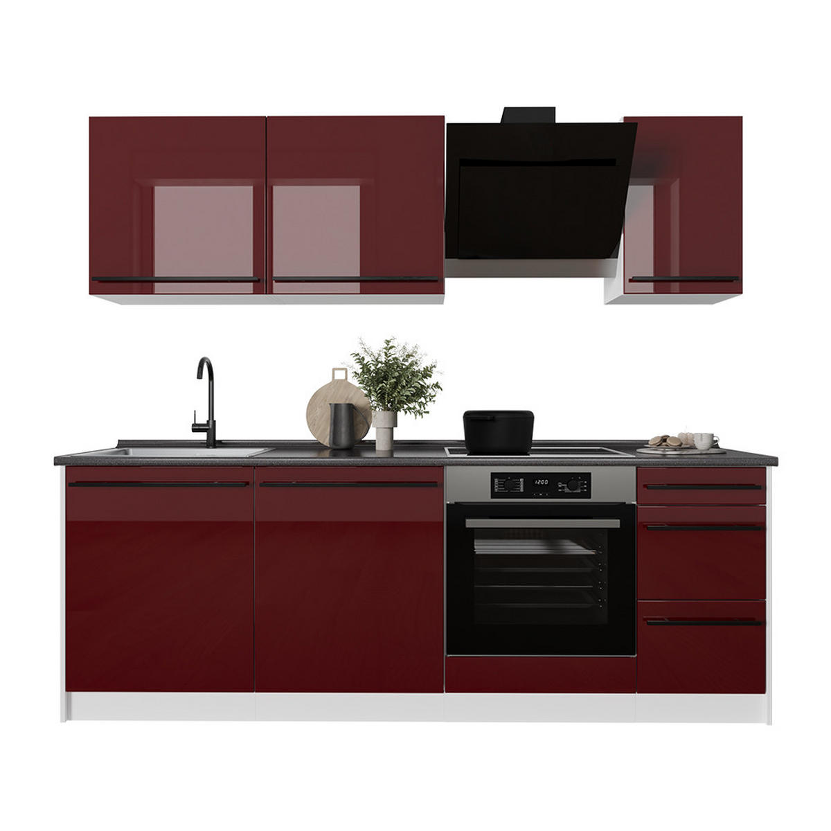 KÜCHENZEILE R-Line, Rot Hochglanz/Weiß, 220 cm Arbeitsplatte Goldkraft Eiche - Rot/Weiß, Holzwerkstoff (220/81.6/60cm) - Vicco