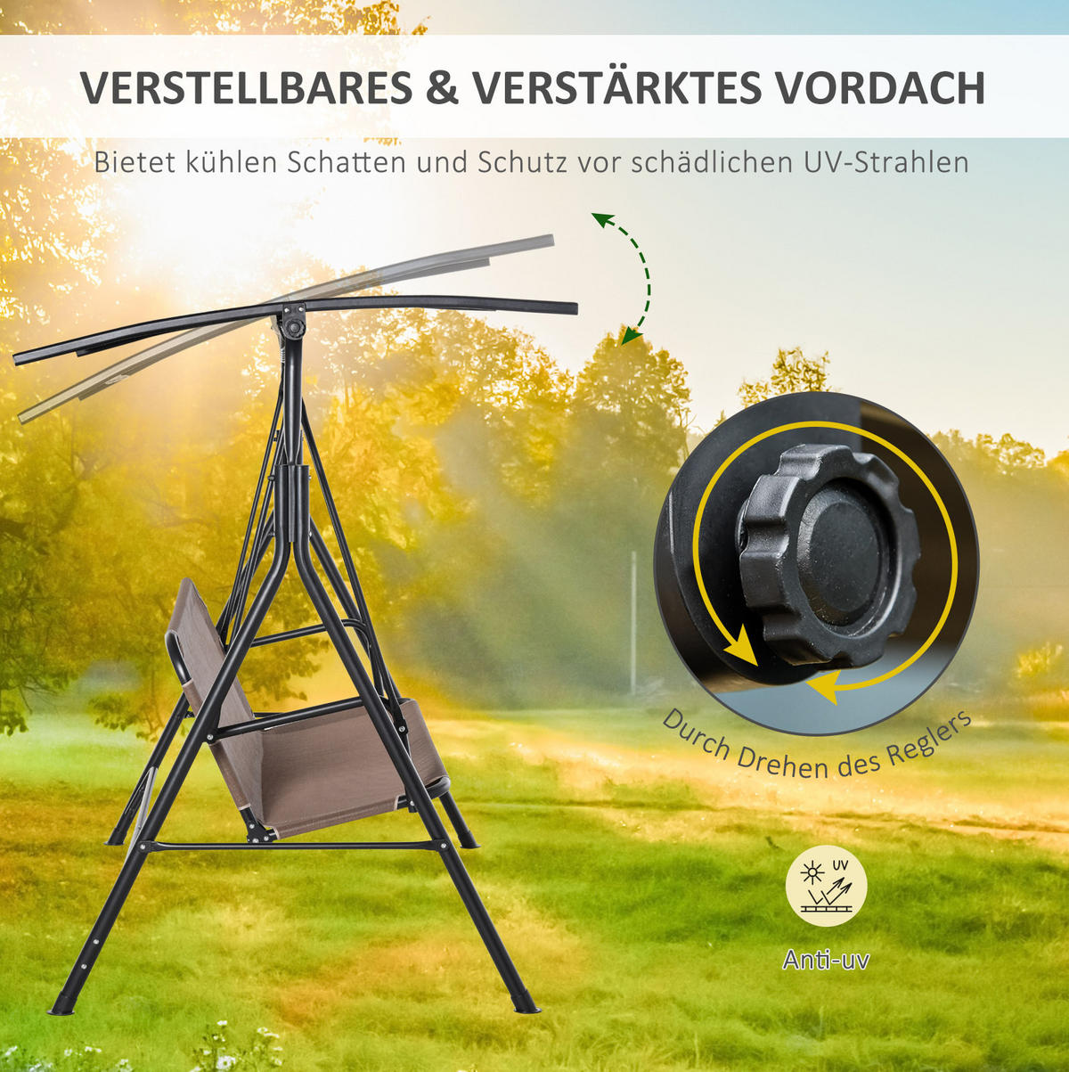 HOLLYWOODSCHAUKEL 172/110/155 cm mit verstellbarem Baldachin und stabilem Metallrahmen, Braun - Braun, Metall (110/155/172cm) - Redom
