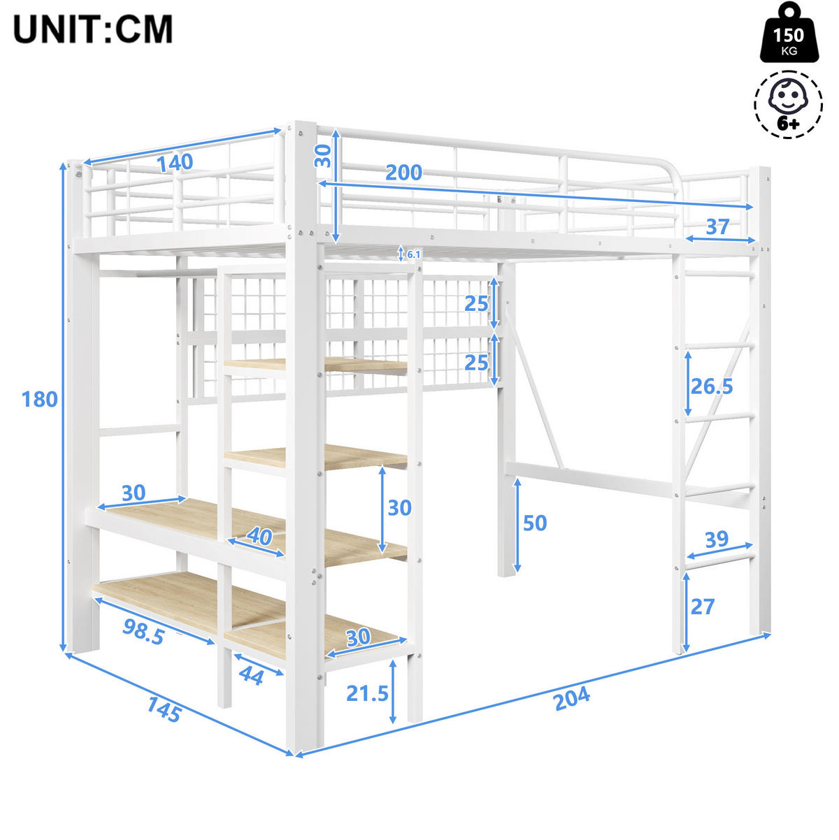 HOCHBETT aus Metall und MDF 140x200 cm Weiß mit LED-Beleuchtung, Ablagefach und Hängenetz - Weiß, Metall (140/200cm) - IVMEU