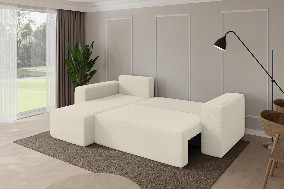 ROHOVÁ SEDAČKA s funkcí spaní, otoman vlevo SENO-L 249x139x85 béžová bouclé - černá/písková barva, kompozitní dřevo/textil (249/139cm) - ALTDECOR
