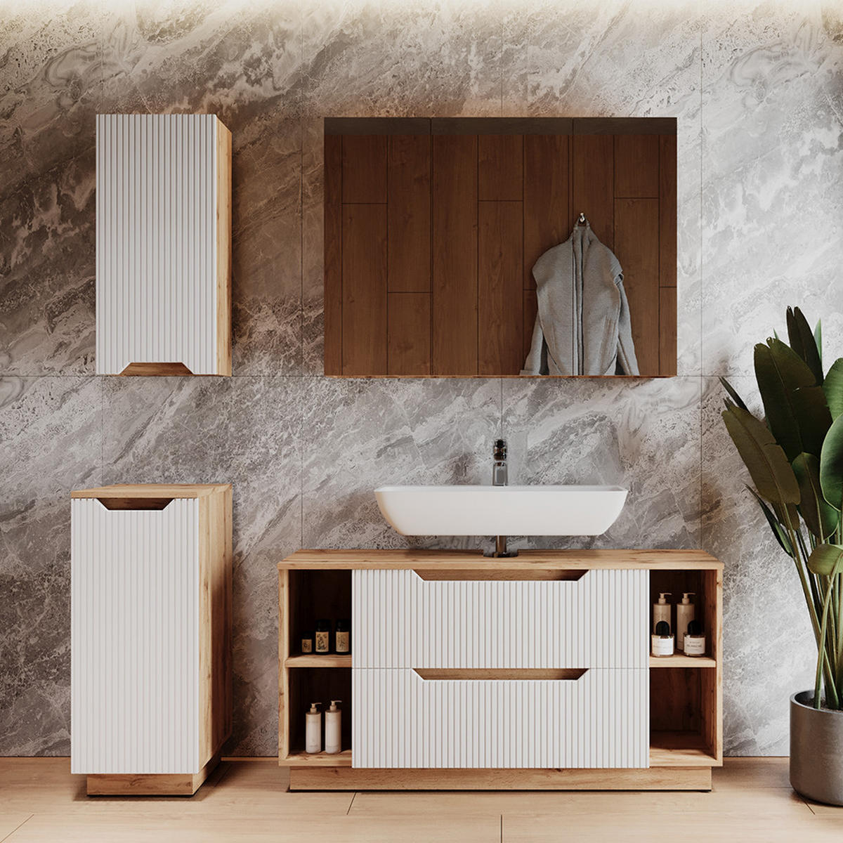 BADMÖBEL-SET Lotta Eiche/weiß gestreift 4 Teile - Eichefarben/Weiß, Holzwerkstoff (119.2/62.5/35cm) - Vicco
