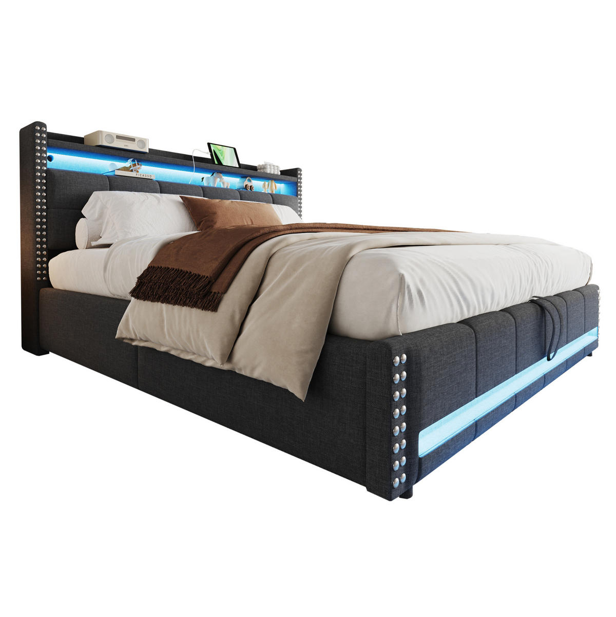 POLSTERBETT 180/200 cm Grau mit LED-Beleuchtung und USB-Steckdose - Grau, Textil (180/200cm) - OKWISH