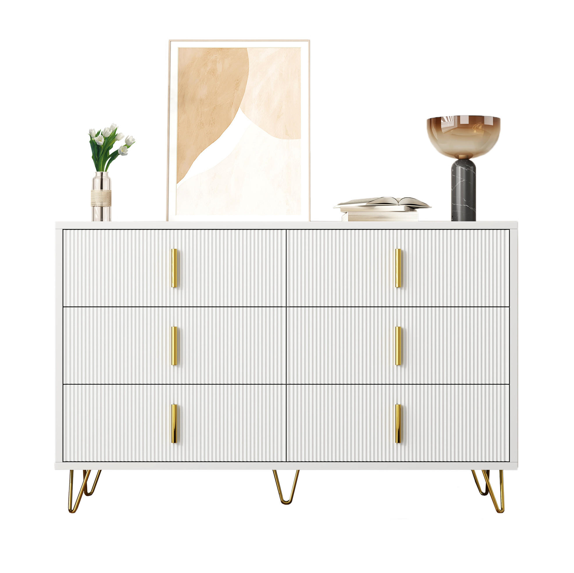 SIDEBOARD 120/40/77 cm mit 6 Schubladen in Weiß/Gold - Weiß, Holzwerkstoff (120/77/40cm) - BEAOK