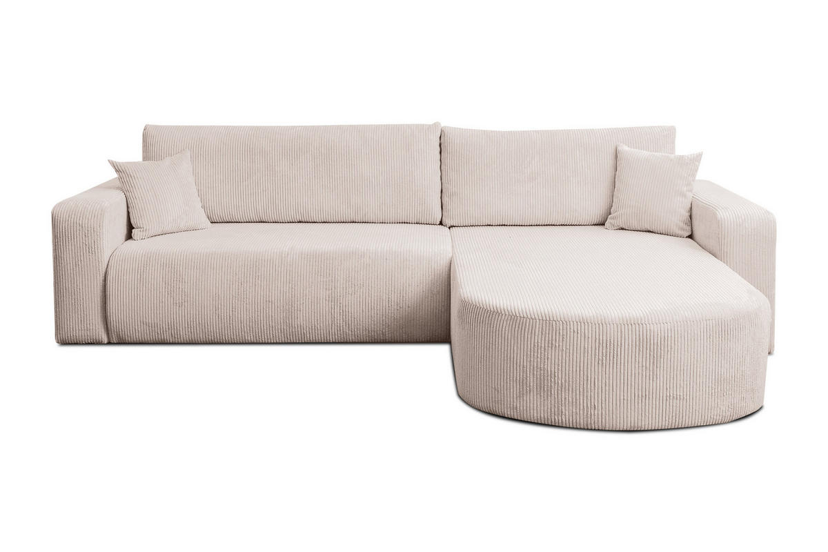ECKSOFA TOKIO mit Schlaffunktion und Bettkasten, Farbe: Beige, Cordstoff, Ottomane Universal - Beige, Textil (275/170cm)