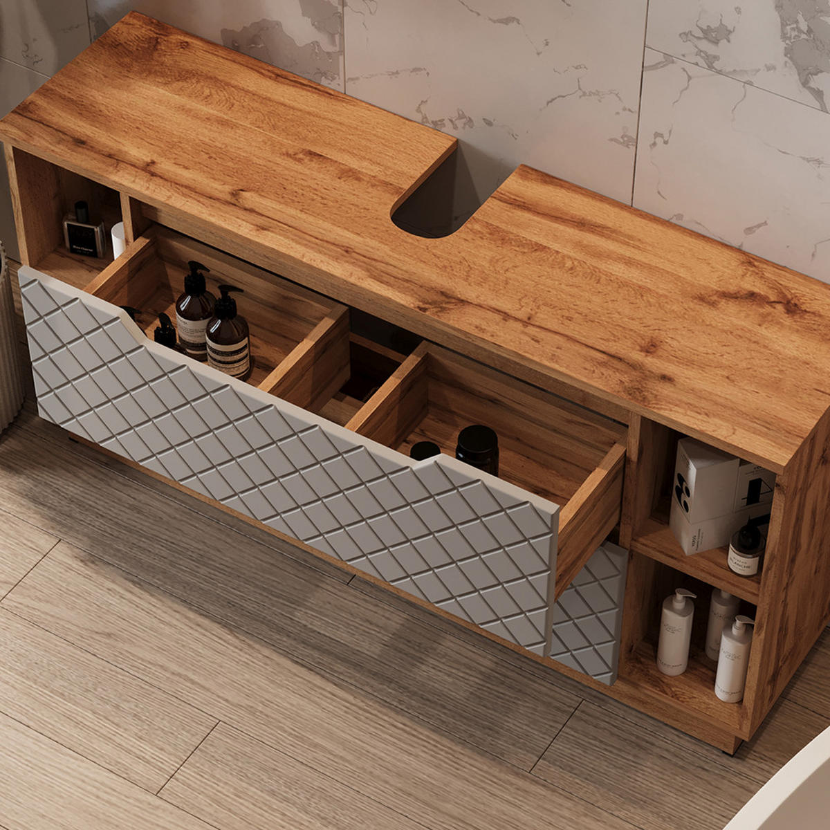 KOUPELNOVÝ NÁBYTEK Lotta Dub/šedá se strukturou dlaždic - šedá/barva dubu, kompozitní dřevo (119.2/62.5/35cm) - Vicco