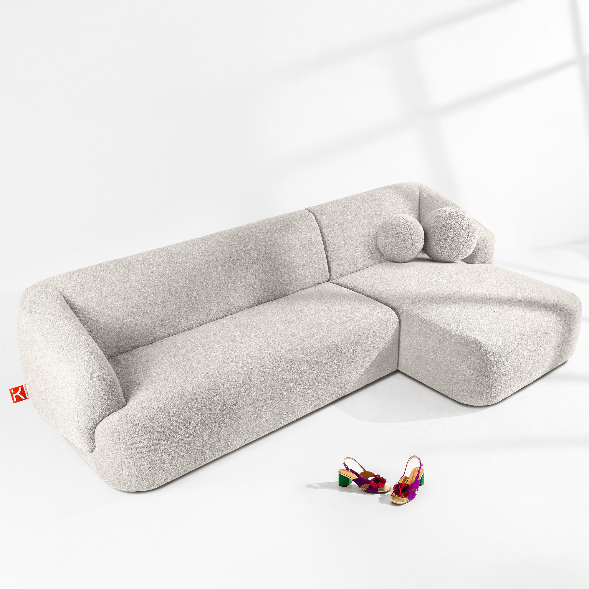 ECKSOFA RECHTS VIRA, Weiß, Bouclé - Schwarz/Weiß, Holz/Holzwerkstoff (300/160cm) - KONSIMO®
