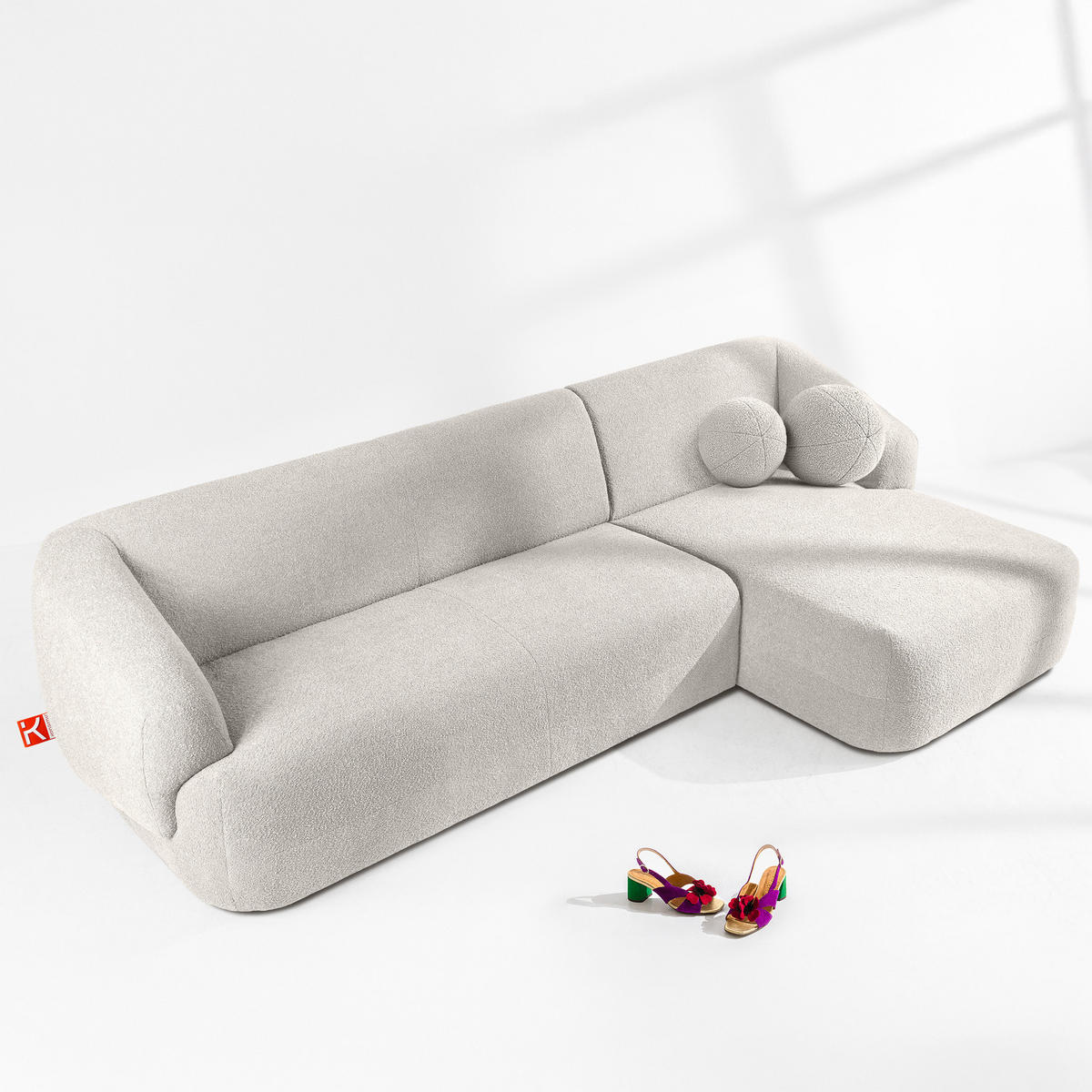 ECKSOFA RECHTS VIRA, Weiß, Bouclé - Schwarz/Weiß, Holz/Holzwerkstoff (300/160cm) - KONSIMO®