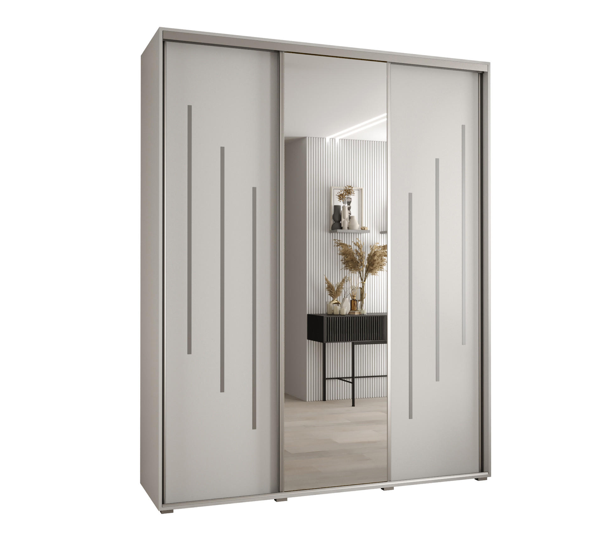 Abiks Möbel Schwebetürenschrank Weiß, Weiß, Silber 200x235x45 cm