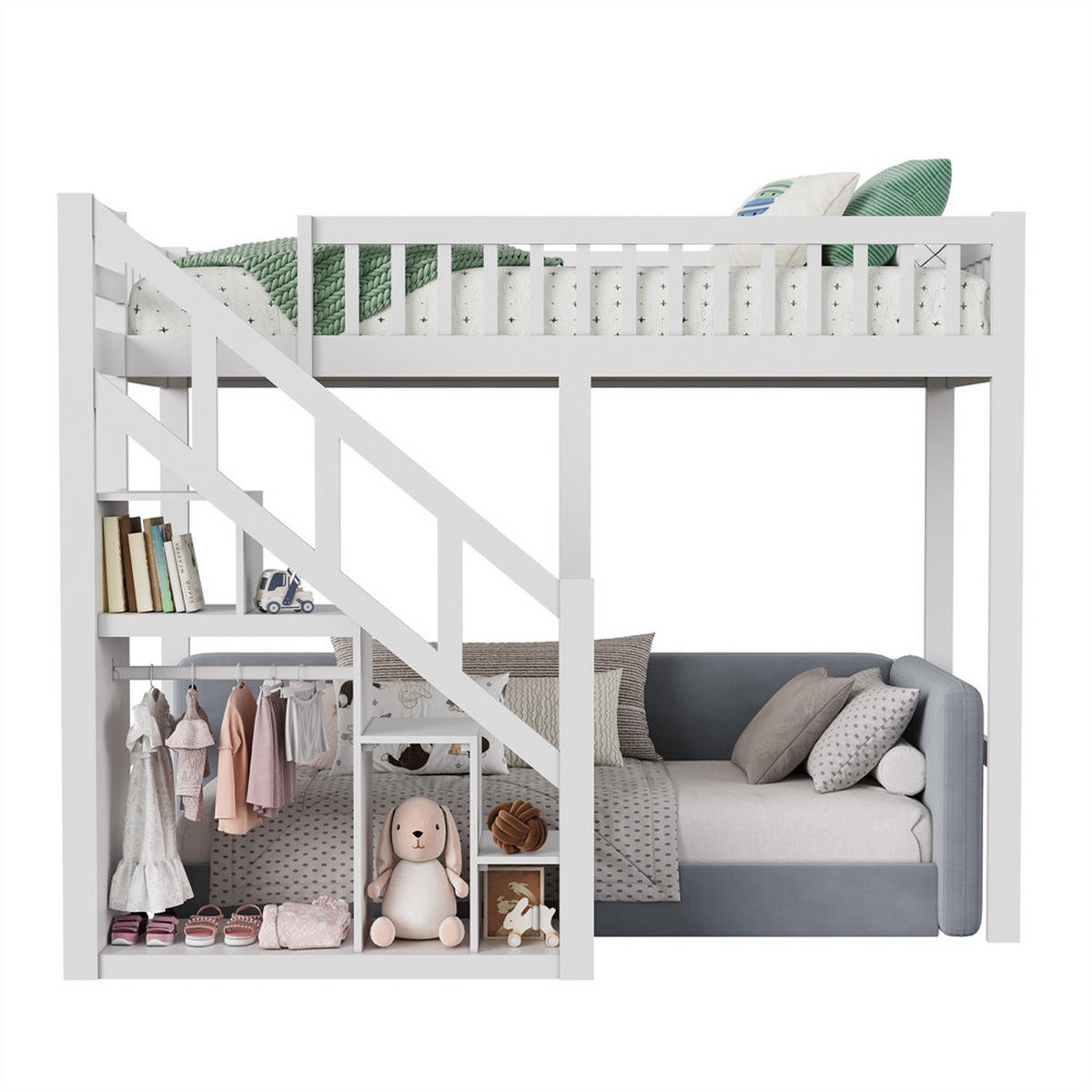 HOCHBETT 90x200 cm - Multifunktionales Kinderbett mit Treppenregal und hohem Rausfallschutz - ohne Matratze - Weiß - Weiß, Holz (90/200cm) - DELFA