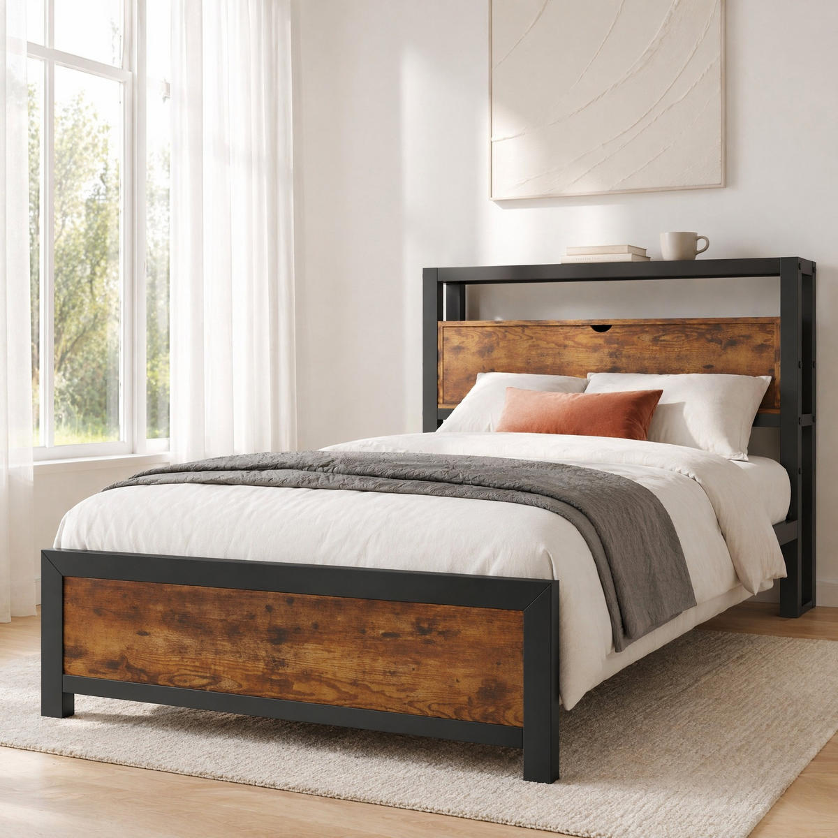 METALLBETT 90/200 mit Stauraum-Kopfteil und Metalllattenrost in Schwarz - Schwarz, Holzwerkstoff/Metall (90/200cm) - EVRYAE
