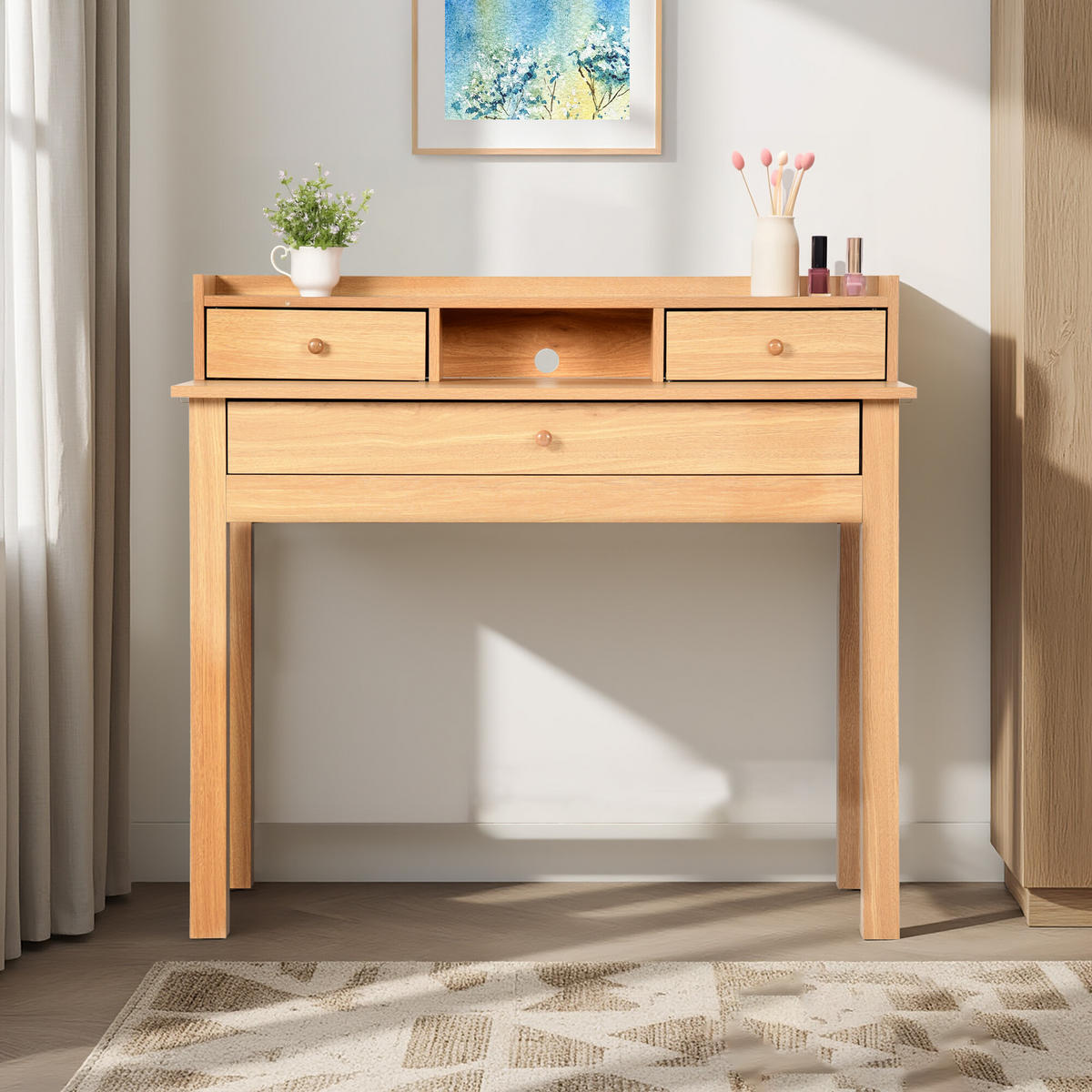 SCHMINKTISCH Holzoptik mit Schubladen & Ablage - Braun, Holzwerkstoff (50/90/100cm) - Urban Meuble