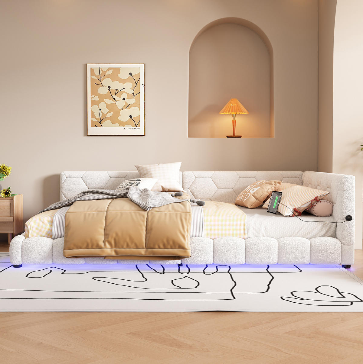 POHOVKA na spaní 140/200 cm bílá z MDF a imitace fleecu s LED osvětlením a USB - bílá, textil (140/200cm) - OKWISH