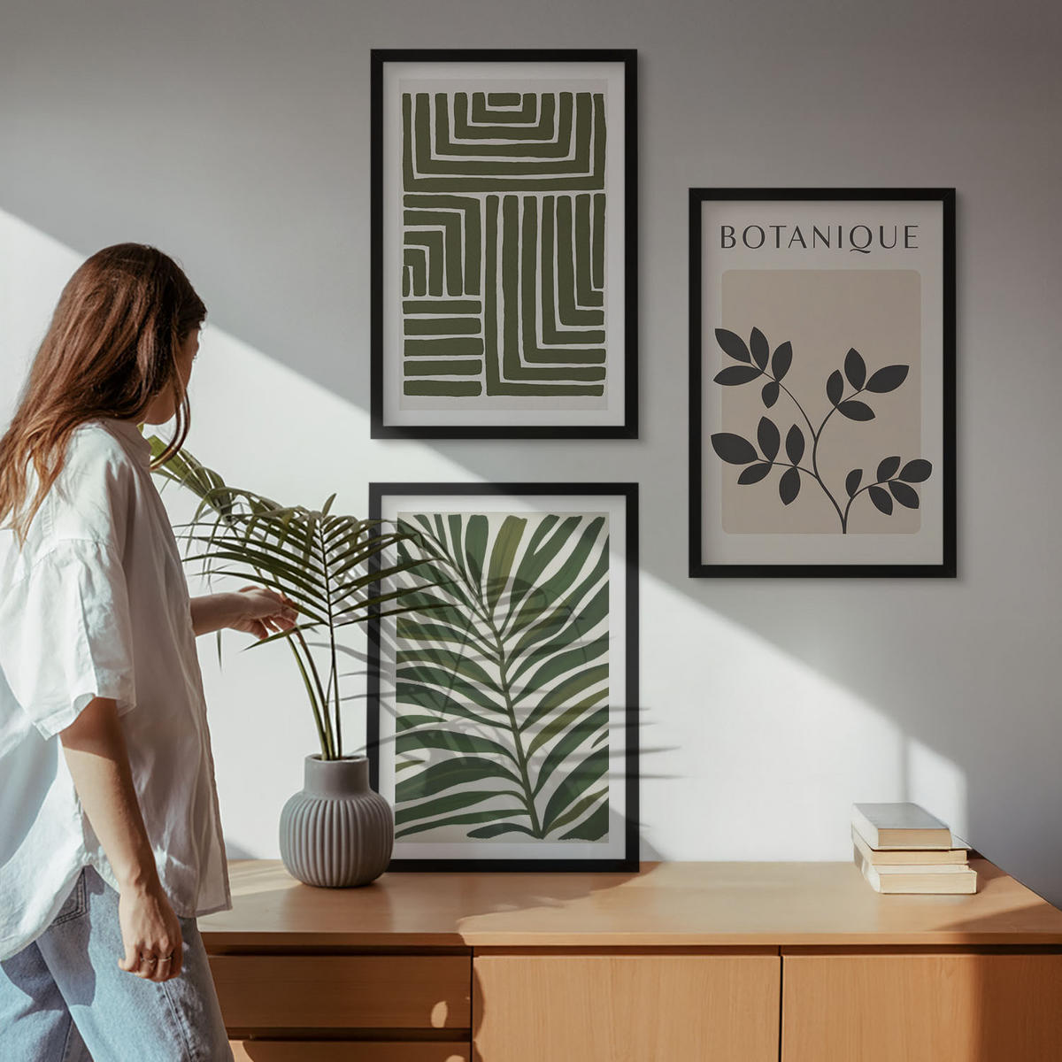 BILDER SET 3er Set - 40x60 cm Schwarzer Rahmen - Botanischer Boho-Minimalismus - Schwarz, Kunststoff (40/60cm) - TULUP